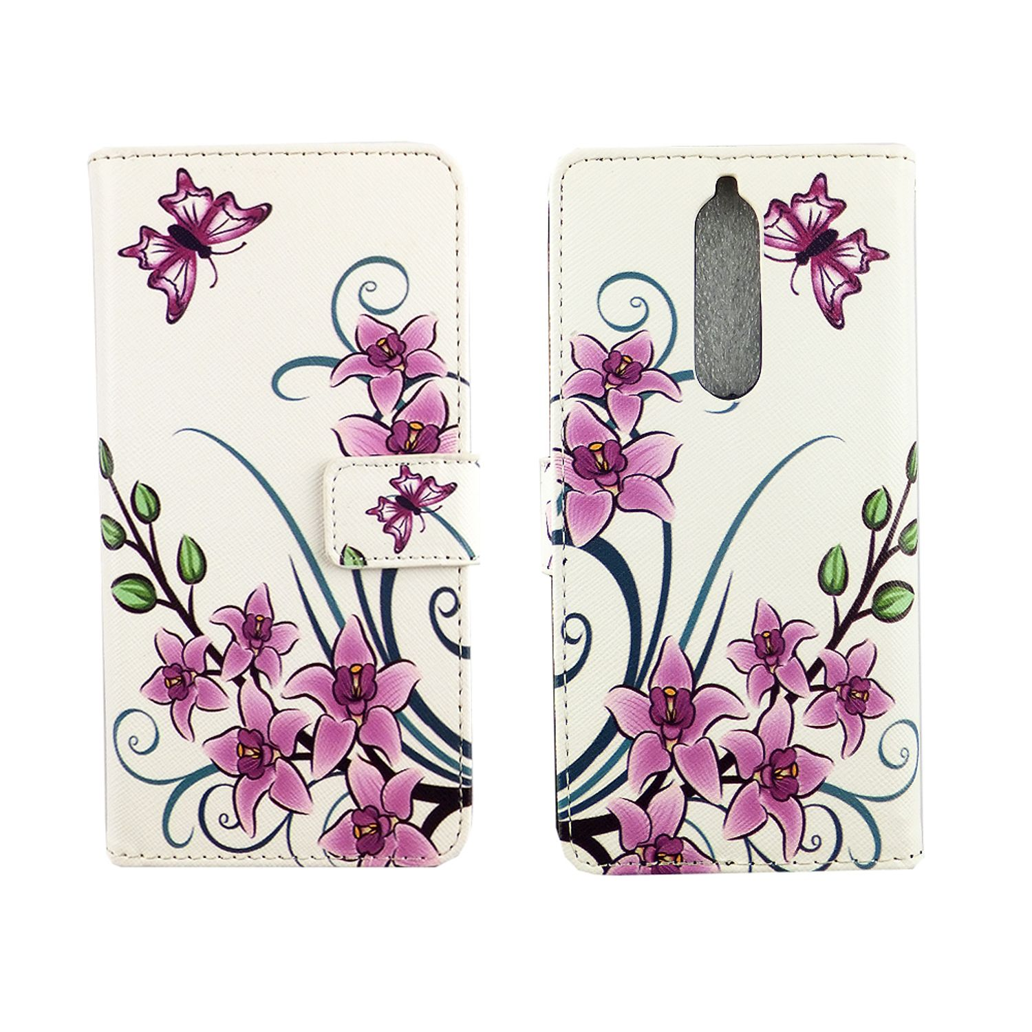 Weißes Handyhülle mit rosa Blumen und Schmetterlingen, offen und geschlossen.