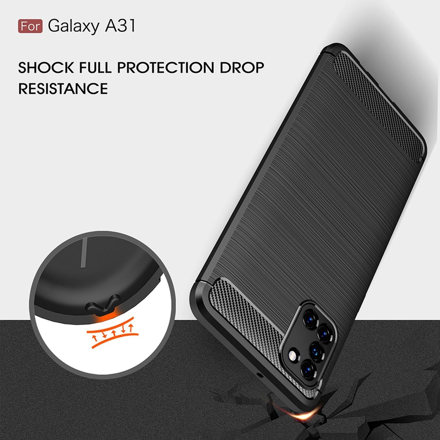 Schwarze Handyhülle für Galaxy A31. Die Hülle ist schwarz mit Carbonfaserstruktur. Zeigt Sturzfestigkeit.