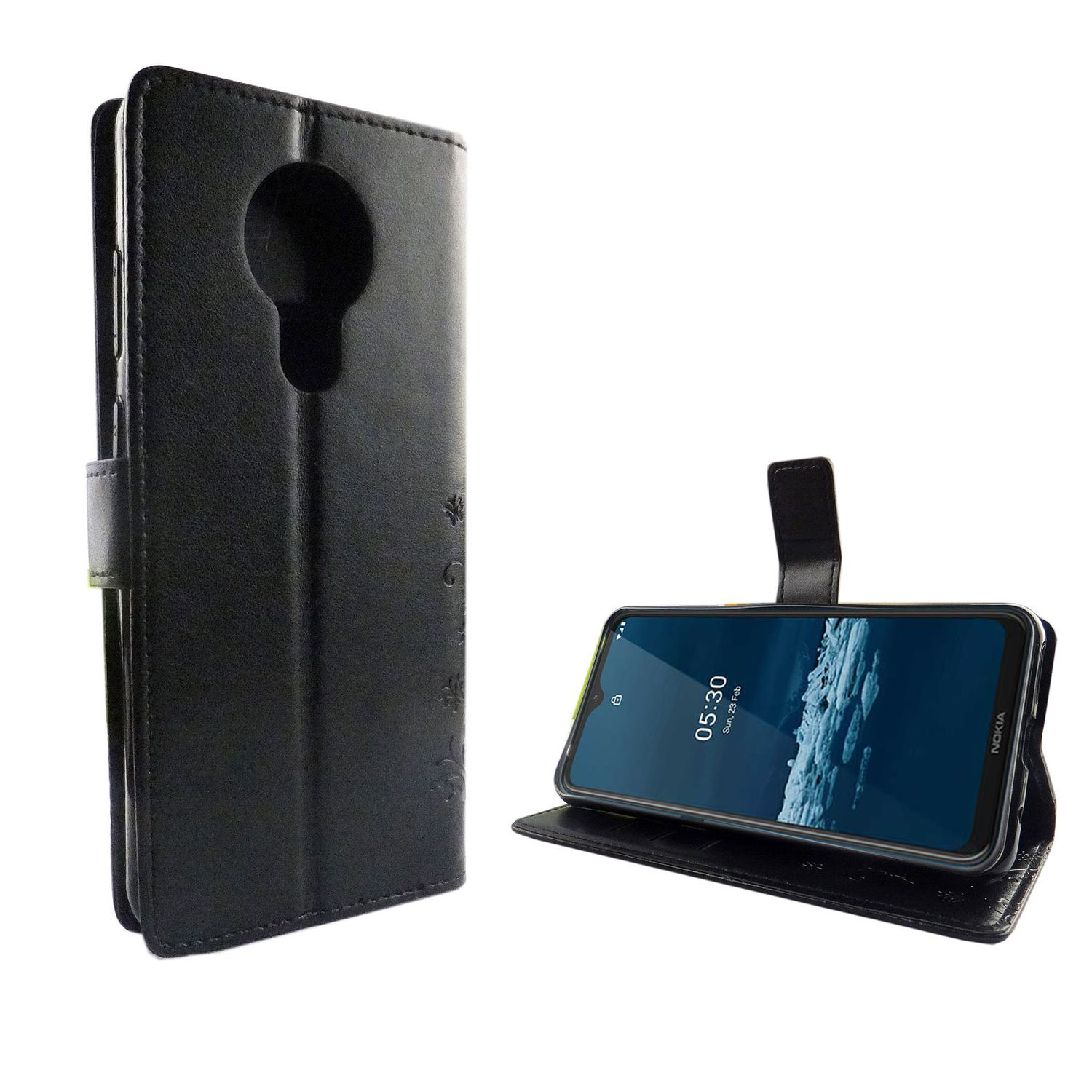 Schwarze Handyhülle offen. Telefon im Inneren. Weißer Hintergrund.