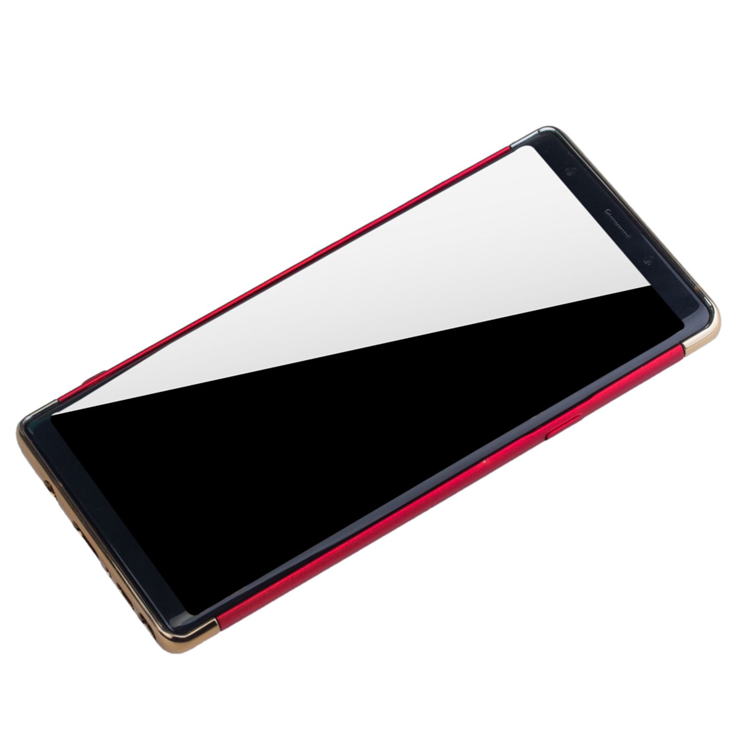 Schwarzes Telefon mit rotem Rahmen, schwarzem Bildschirm und goldenem Rand.