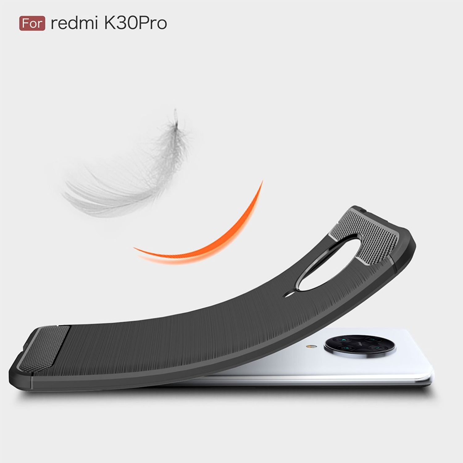 Sich biegende schwarze Handyhülle, mit Feder und orangefarbenem Bogen. Für Redmi K30Pro. Weißer Hintergrund.