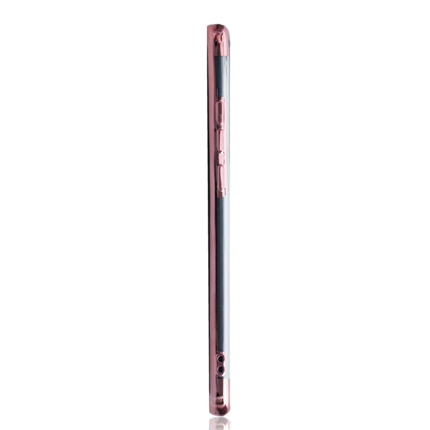 Rosa Handyhülle. Seitenansicht, Knöpfe und Kante des Telefons zeigend. Weißer Hintergrund.