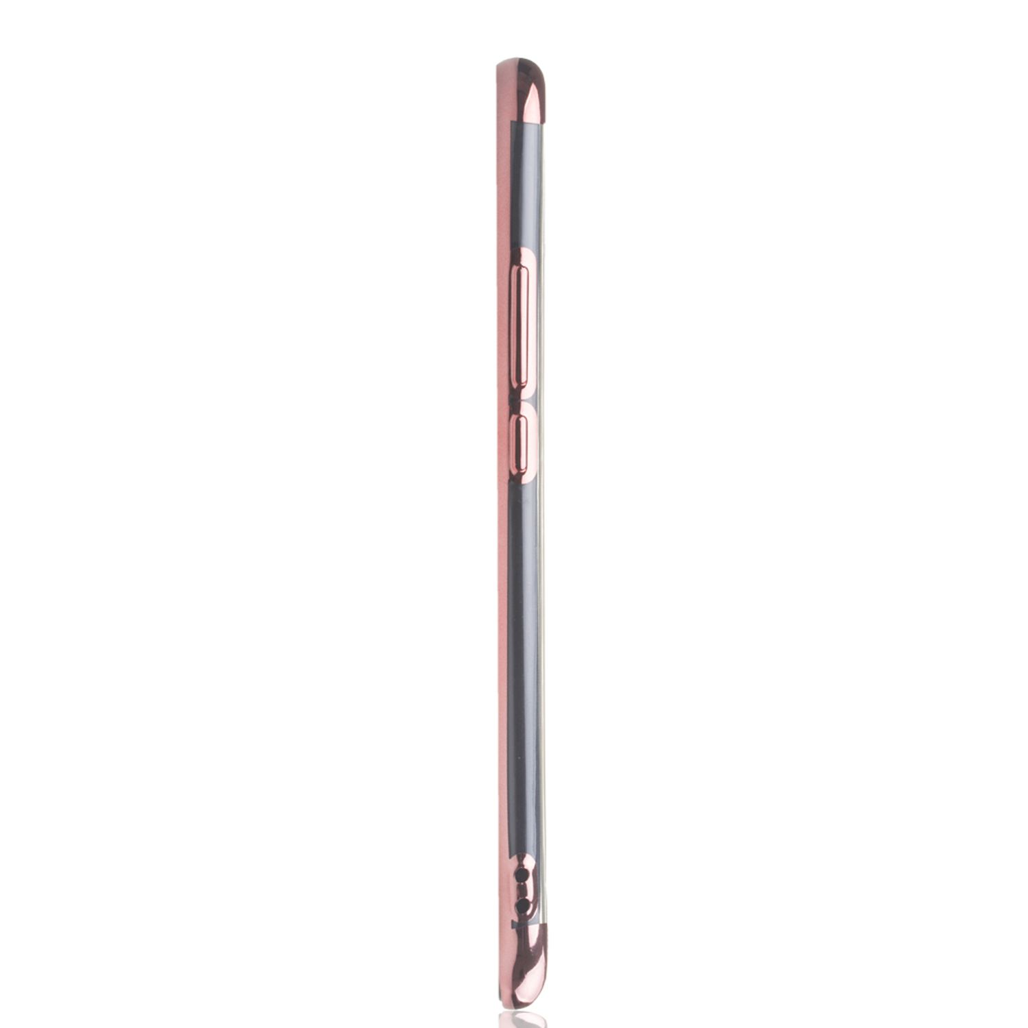 Seitenansicht einer Handyhülle. Sie hat einen roségoldfarbenen Rahmen und einen transparenten Rücken, der Licht reflektiert.