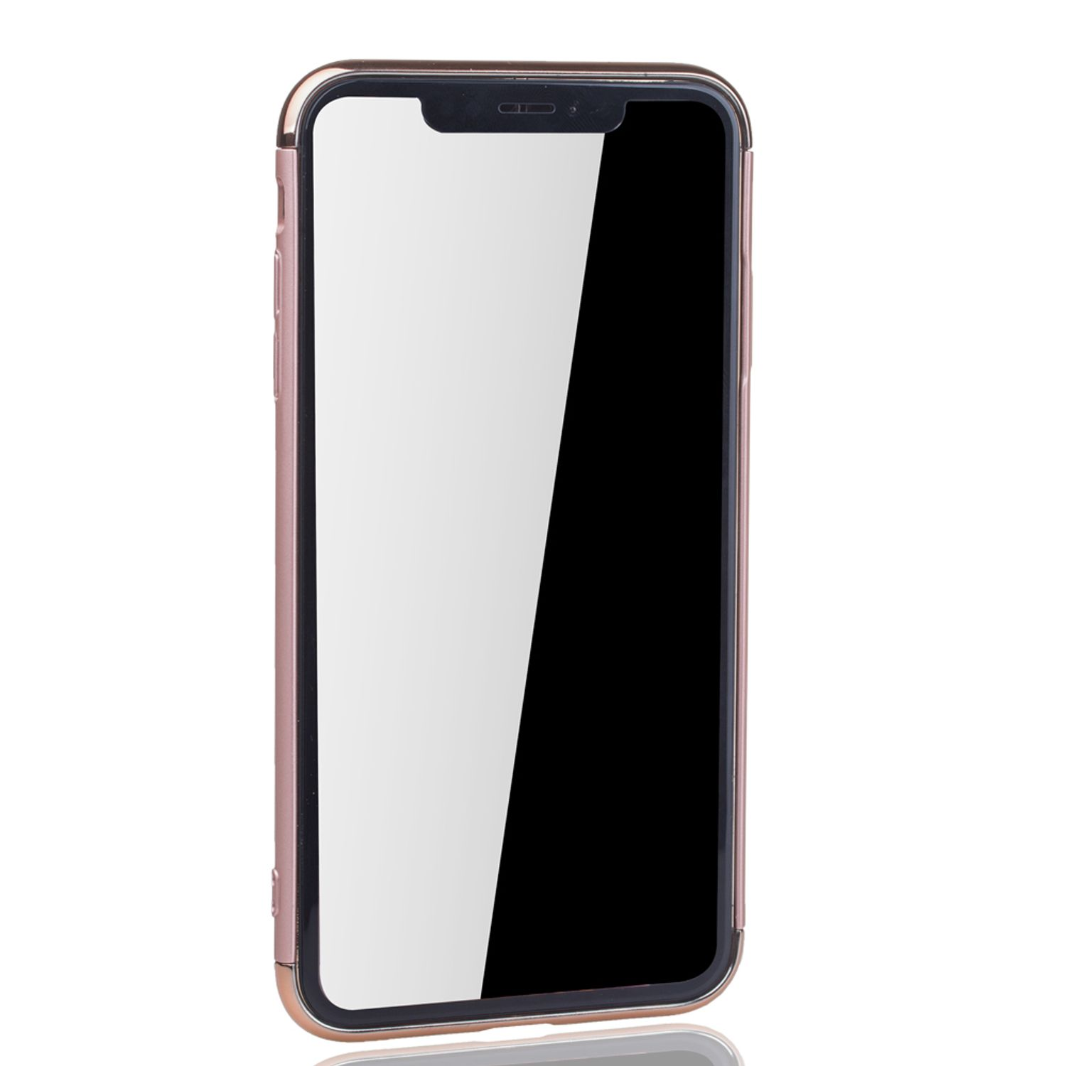 Goldene Handyhülle mit Telefon innen. Weißer Hintergrund. Das Case ist leer.