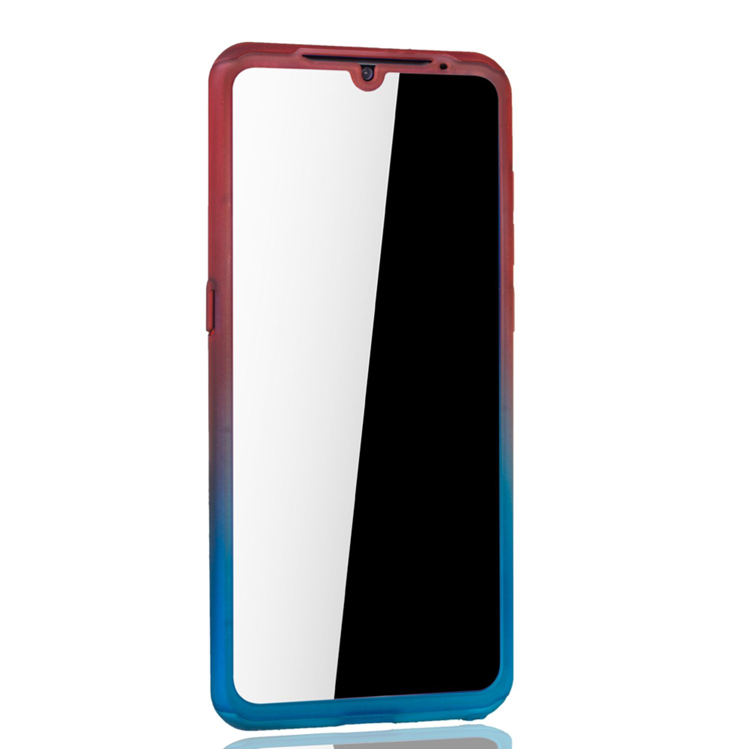 Telefon mit rot-blauem Farbverlauf und weißem Bildschirm. Weißer Hintergrund.