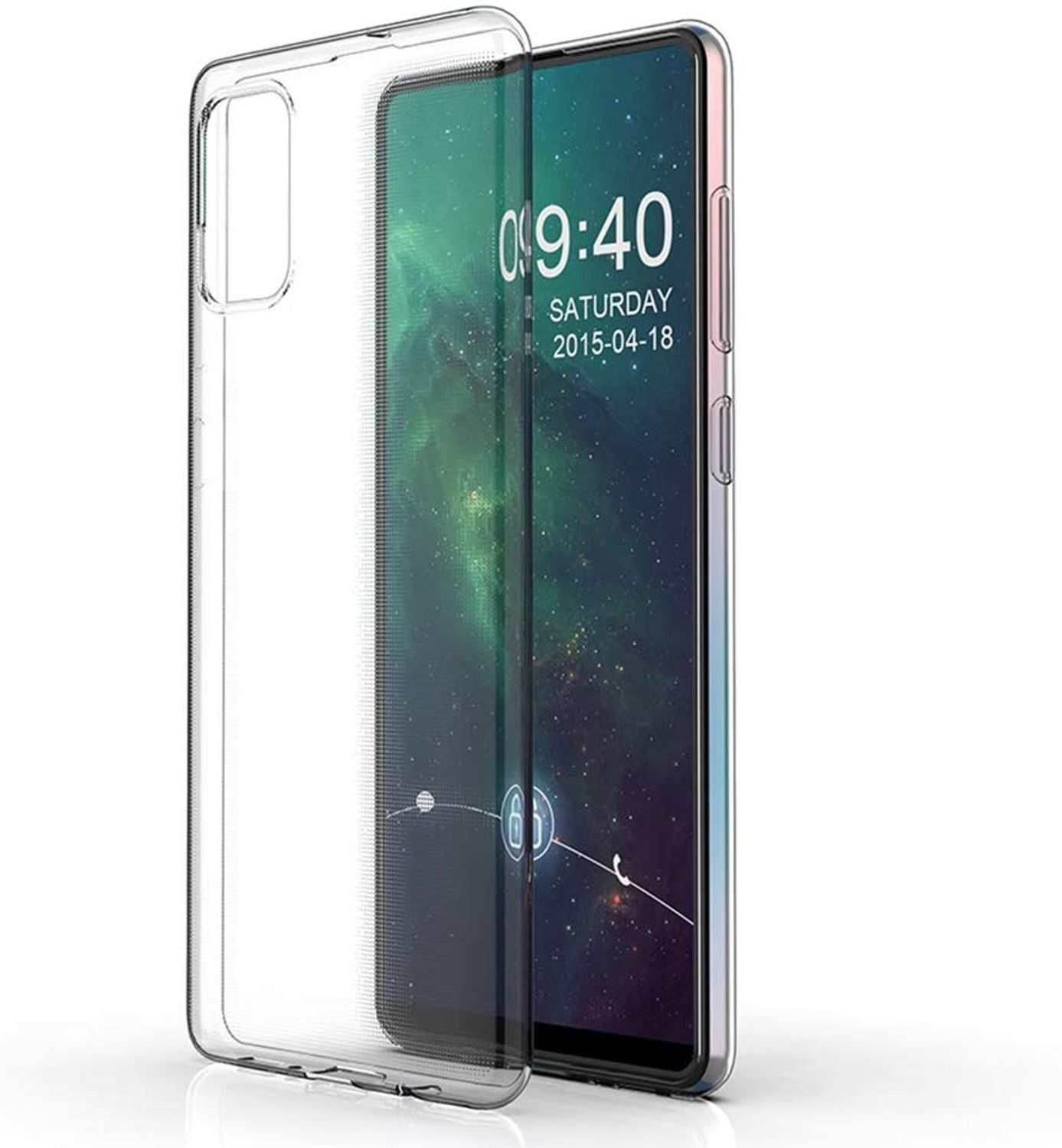 Eine transparente Handyhülle. Das Telefon zeigt Zeit und Datum an.