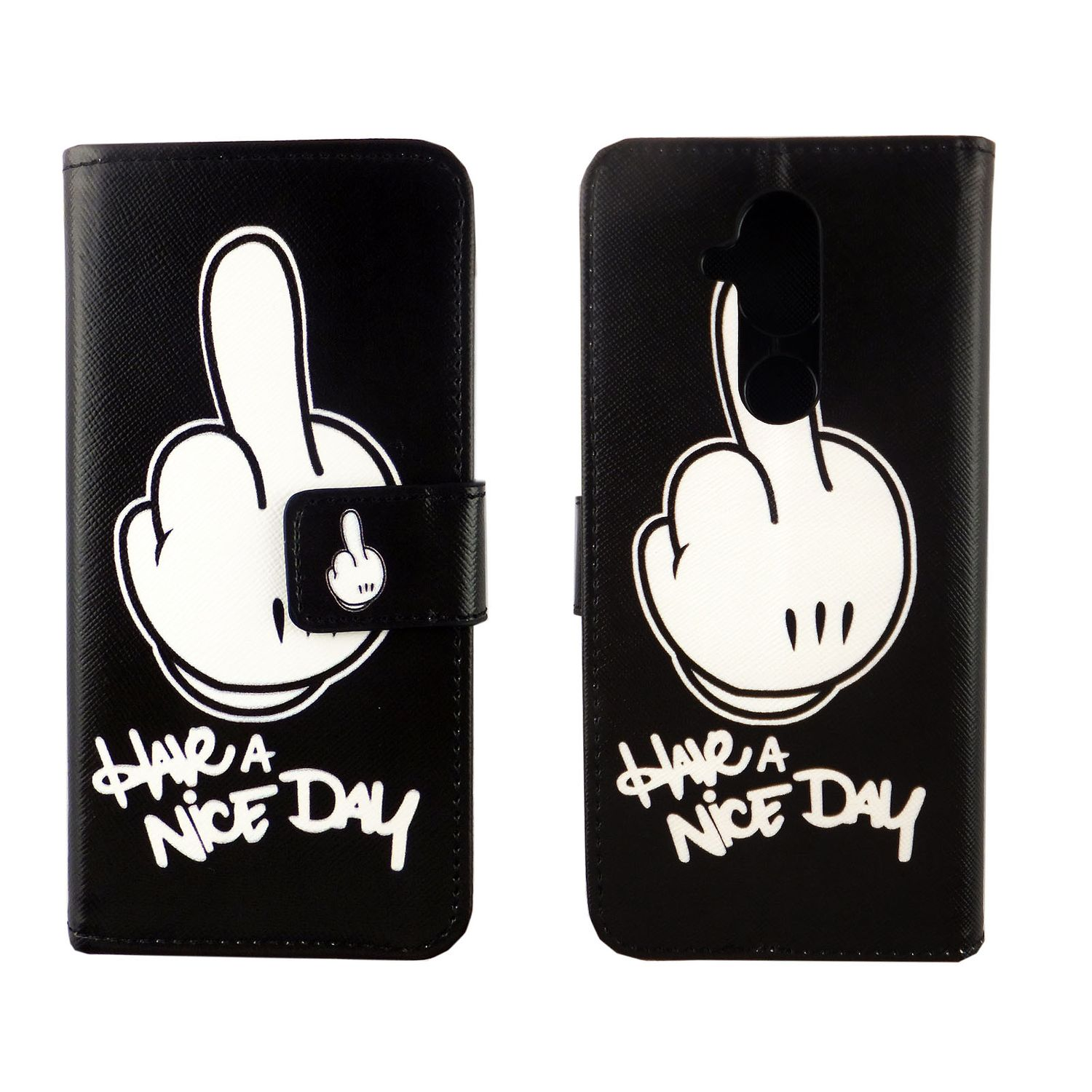 Schwarze Handyhülle mit weißer Mittelfinger-Grafik und dem Spruch 'Have a Nice Day'.