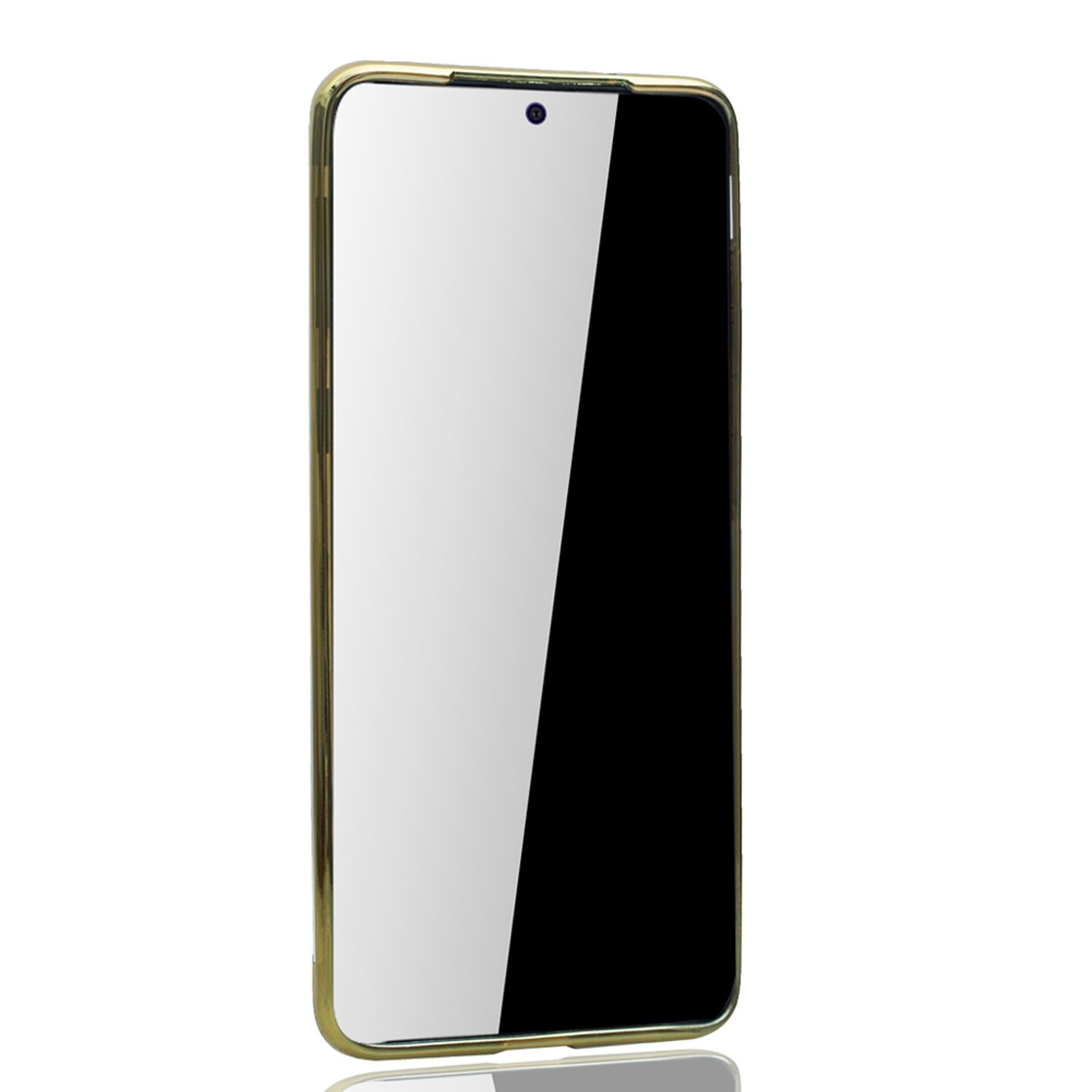 Ein Telefon mit goldenem Rahmen und schwarzem Bildschirm. Weißer Hintergrund.