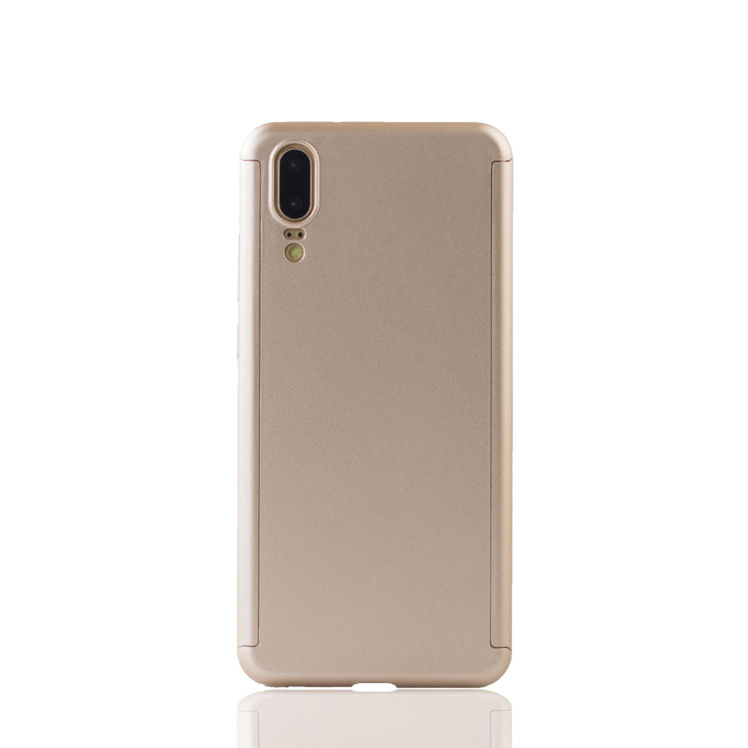 Goldene Handyhülle mit Kamera, freigestellt auf weißem Grund, Rückseite.