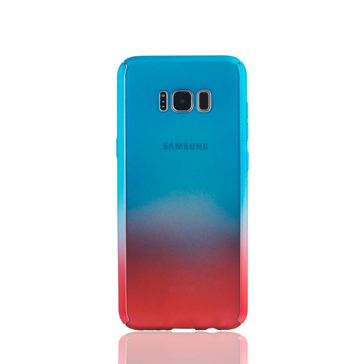Blau-rotes Farbverlauf-Handycase auf weißem Hintergrund. Rückseite mit Kamera.