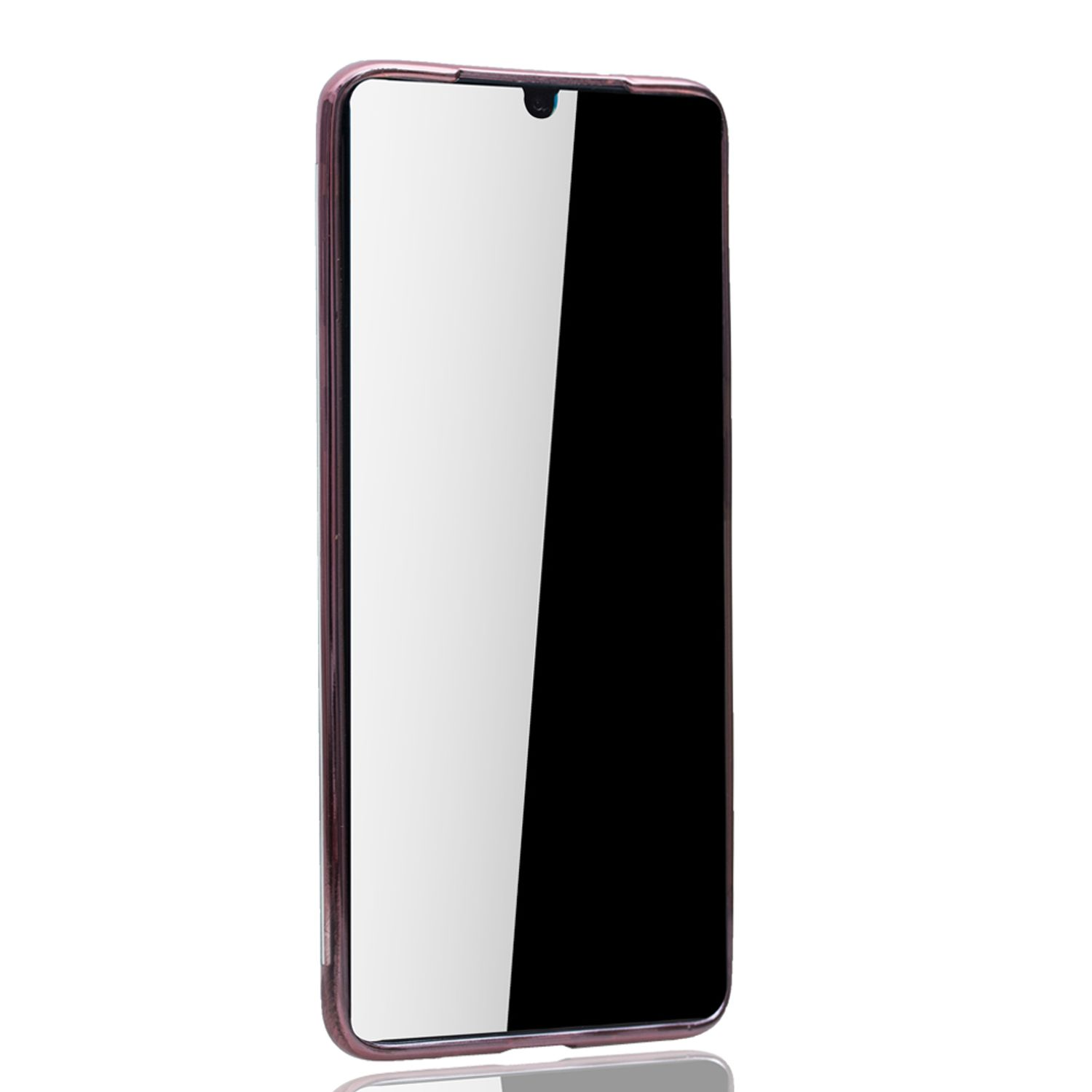 Telefon mit Displayschutz. Das Telefon befindet sich in einer Hülle. Der Bildschirm ist an und schwarz.