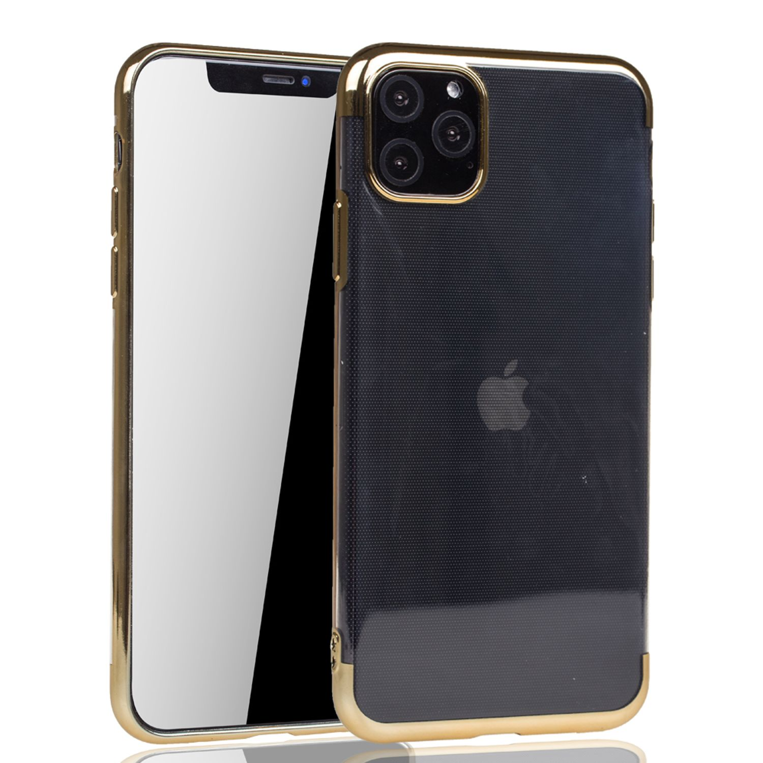 Eine goldgerahmte Handyhülle mit einem Telefon darin, von vorne und hinten betrachtet.