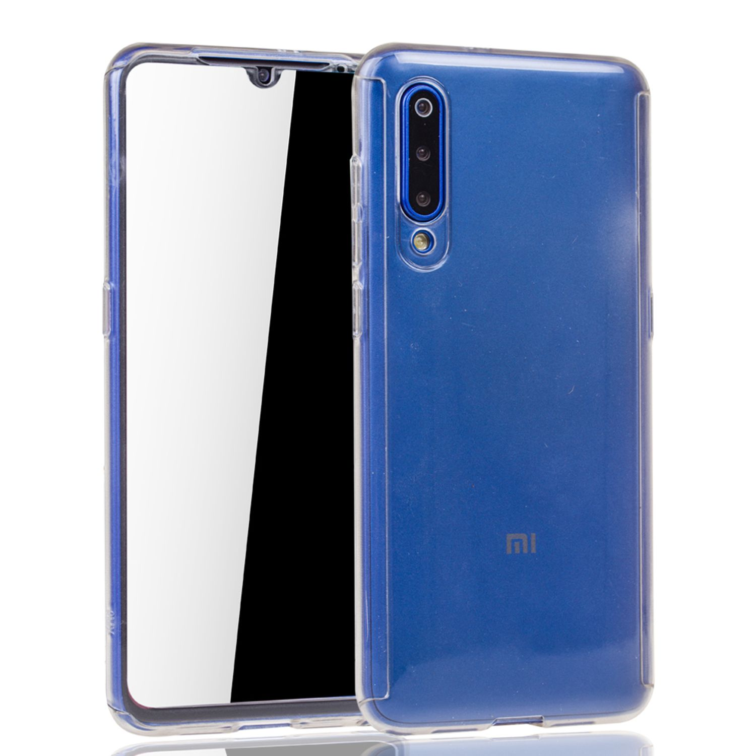 Blaue Handyhülle mit transparenter Vorderseite. Weißer Hintergrund. Das Telefon ist drin.