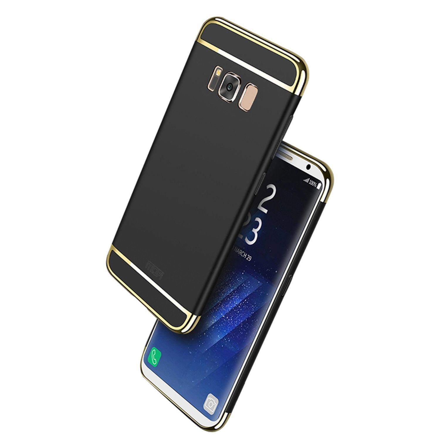Schwarze Handyhülle mit Goldkanten. Zwei Telefone, eins auf dem anderen, auf Oberfläche.