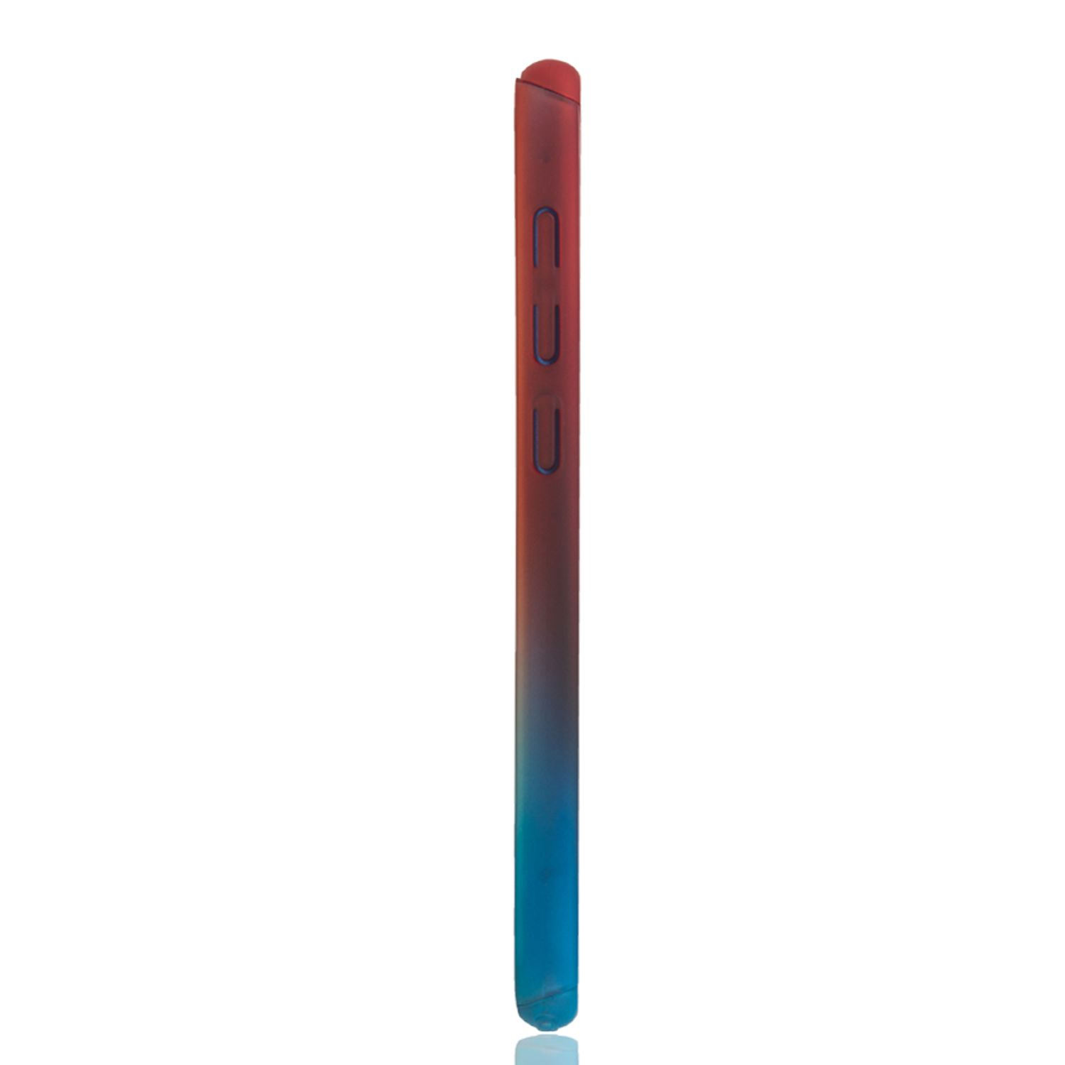 Telefonseite, rot-blau Verlauf. Knöpfe an der Seite. Weißer Hintergrund.