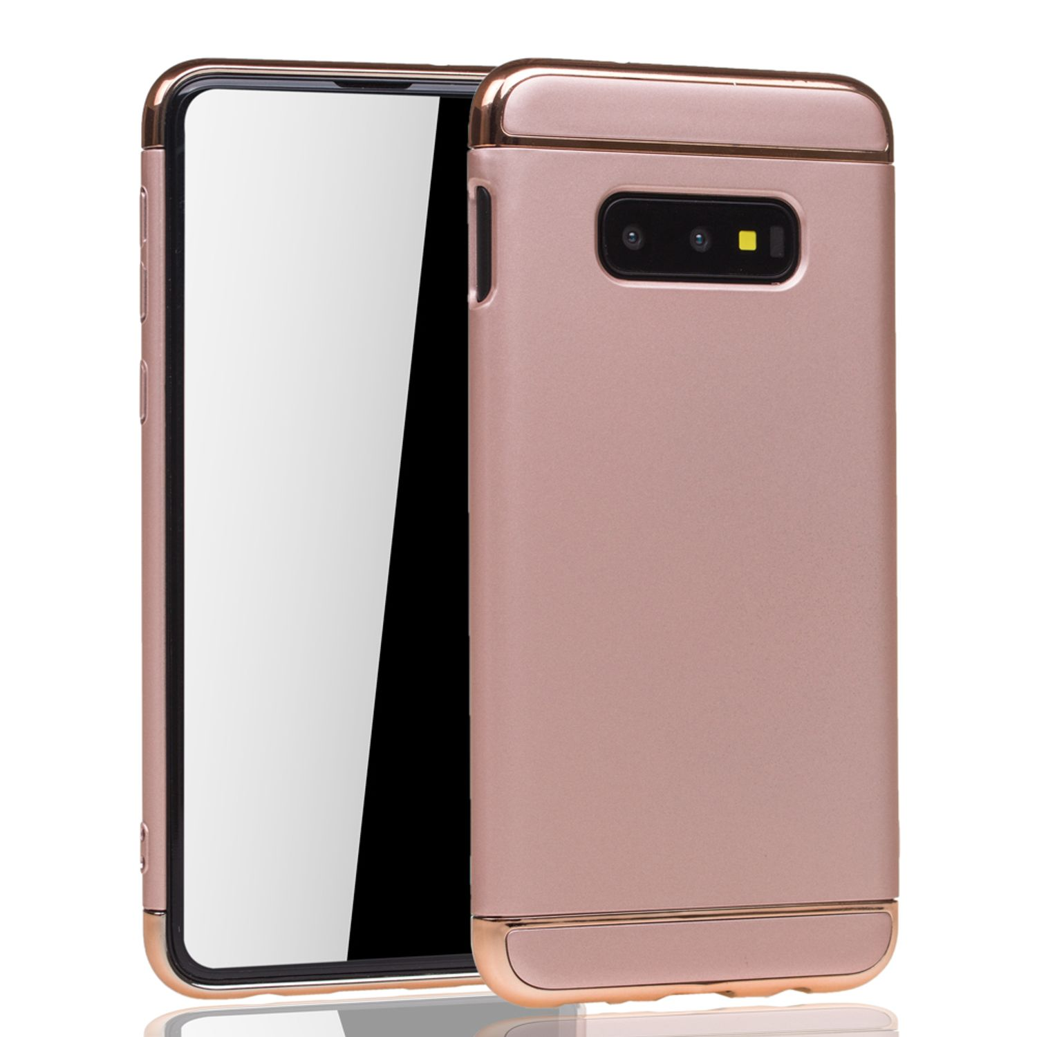 Roségoldene Handyhülle mit schwarzem Displayschutz. Weißer Hintergrund.