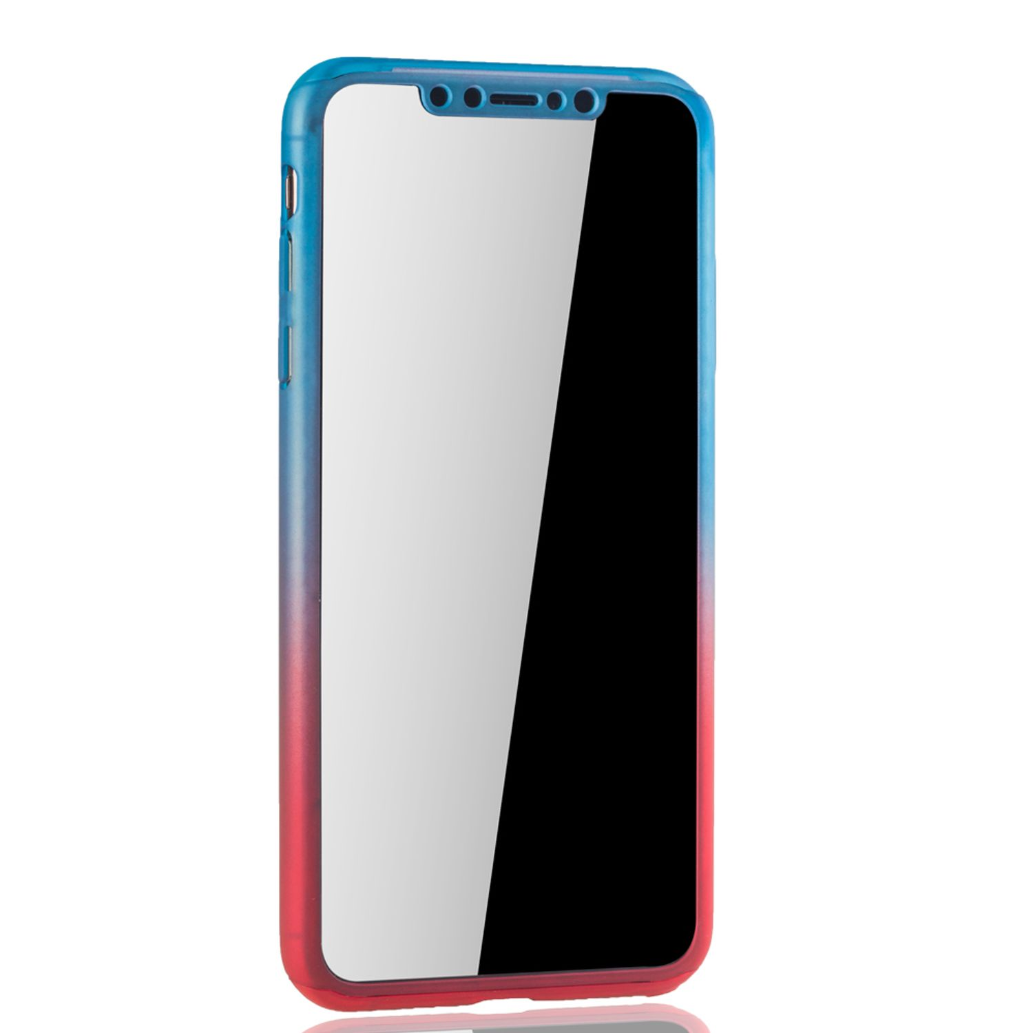 Ein Telefon mit blau-rotem Farbverlauf, mit weißem Bildschirm, vor weißem Hintergrund.