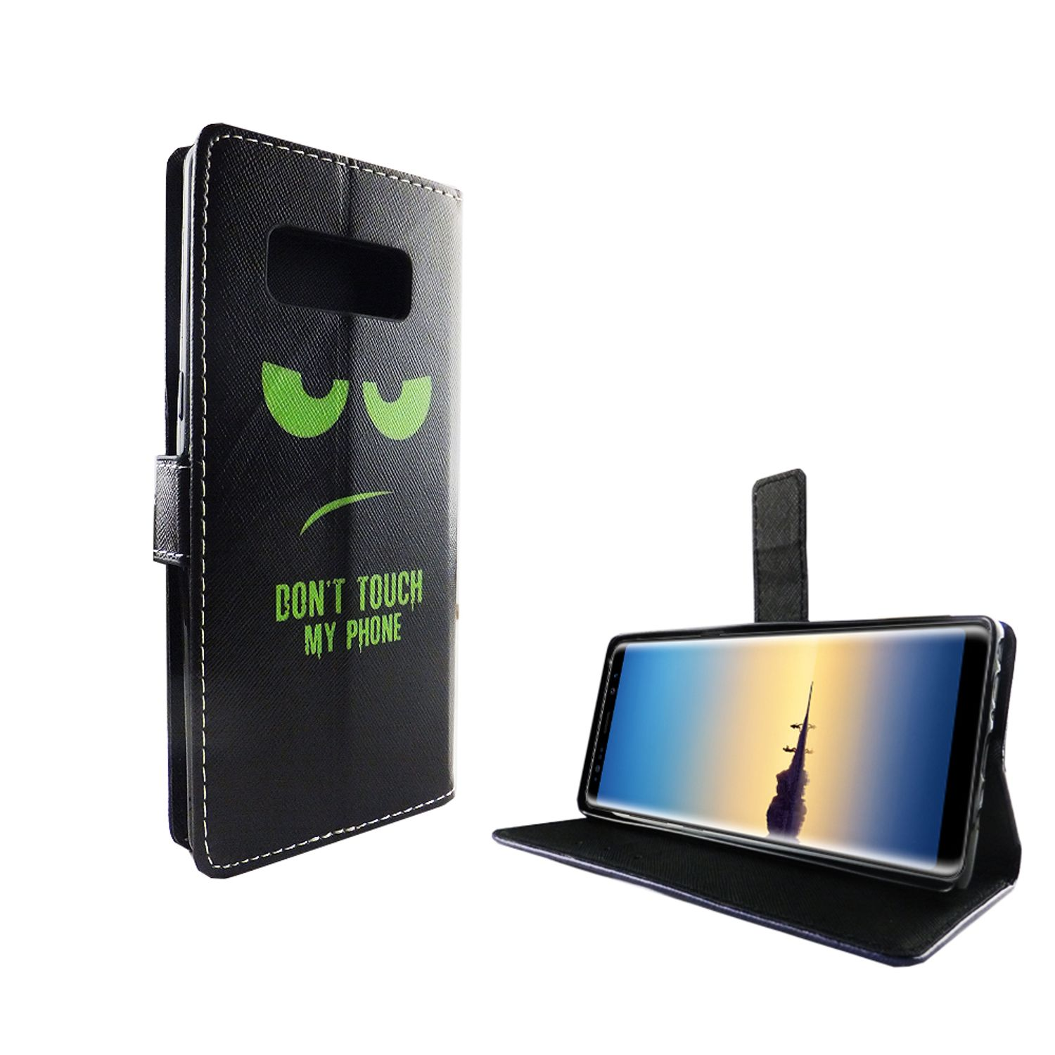 Schwarze Handyhülle mit einem Gesicht. Der Text lautet DON'T TOUCH MY PHONE. Ein Telefon wird angezeigt.