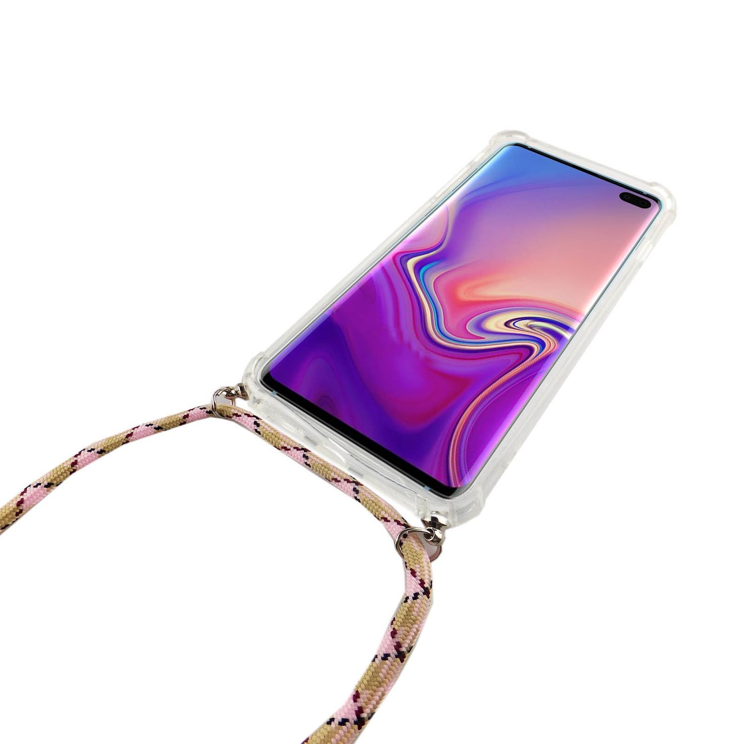 Ein Telefon in einer transparenten Hülle mit einem rosa-beigefarbenen Band. Das Band ist um das Telefon. Weißer Hintergrund.