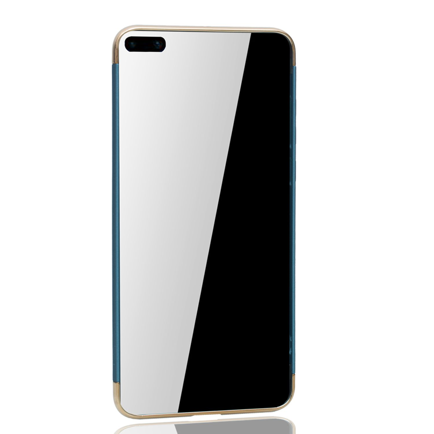Modernes Telefon mit verspiegeltem Rücken und blauem Rahmen. Goldene Kanten. Weißer Hintergrund.
