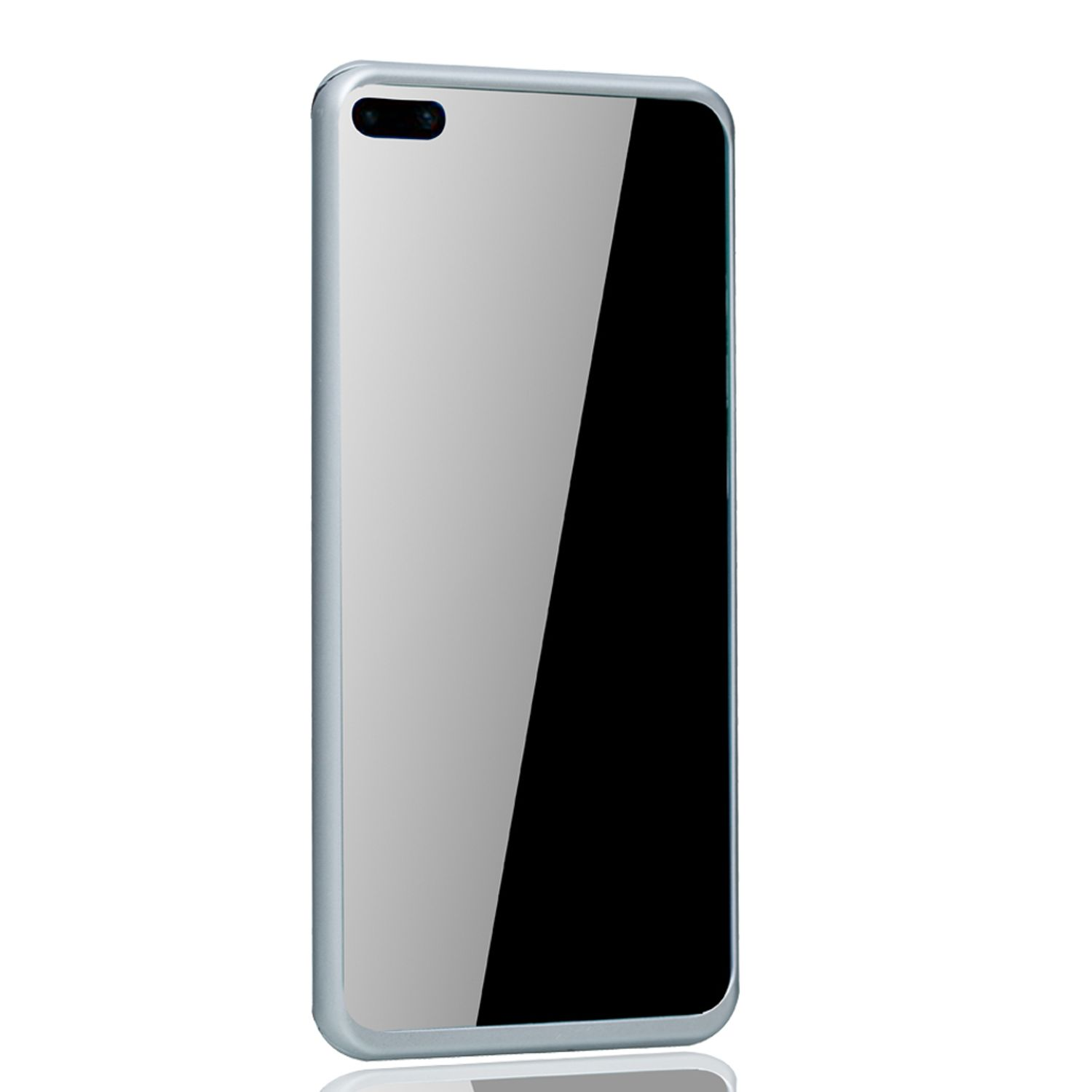 Ein Telefon mit silbernem Rahmen. Der Bildschirm ist schwarz. Weißer Hintergrund.
