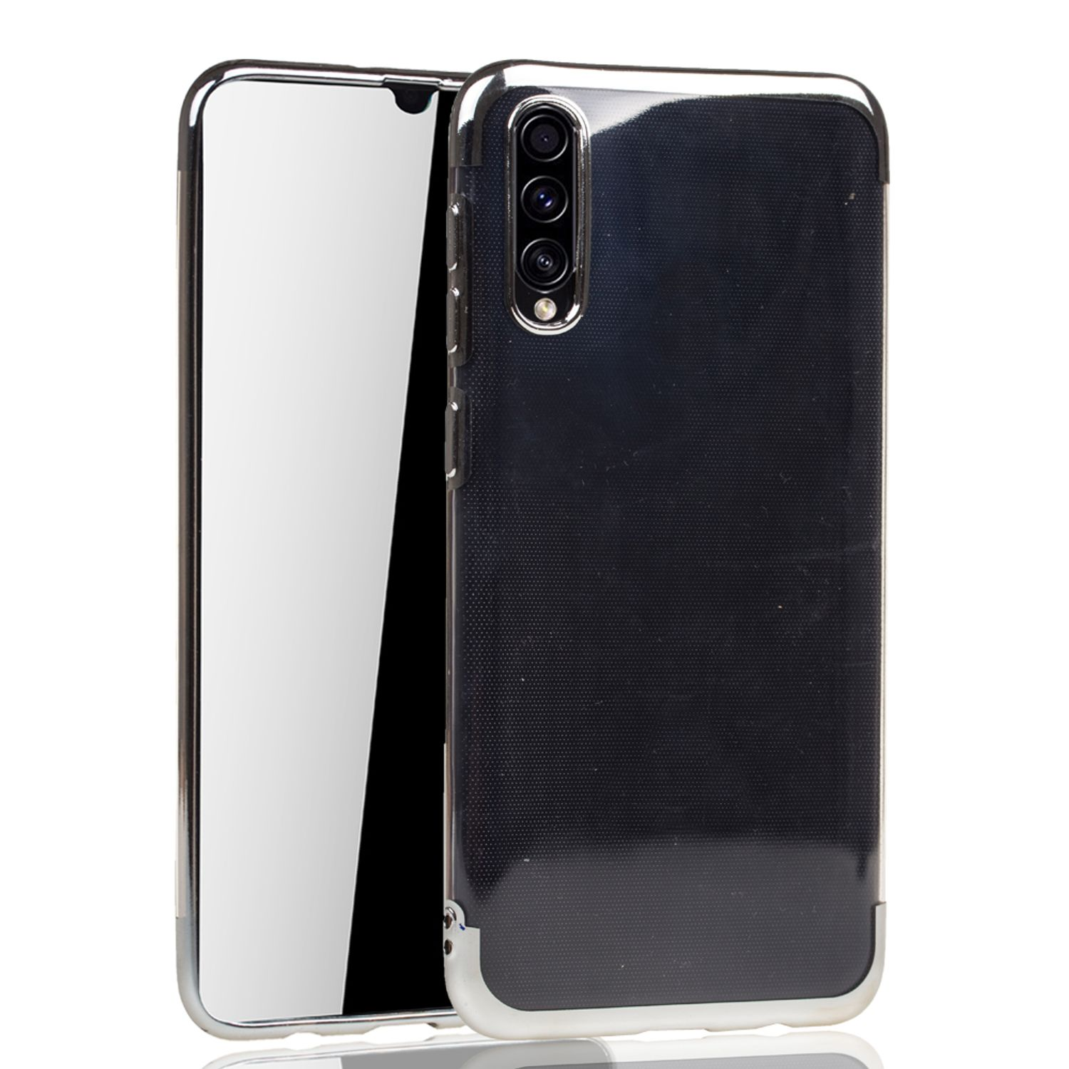 Ein Telefon mit silbernem Rahmen und schwarzer Rückseite, auf weißem Hintergrund gezeigt.