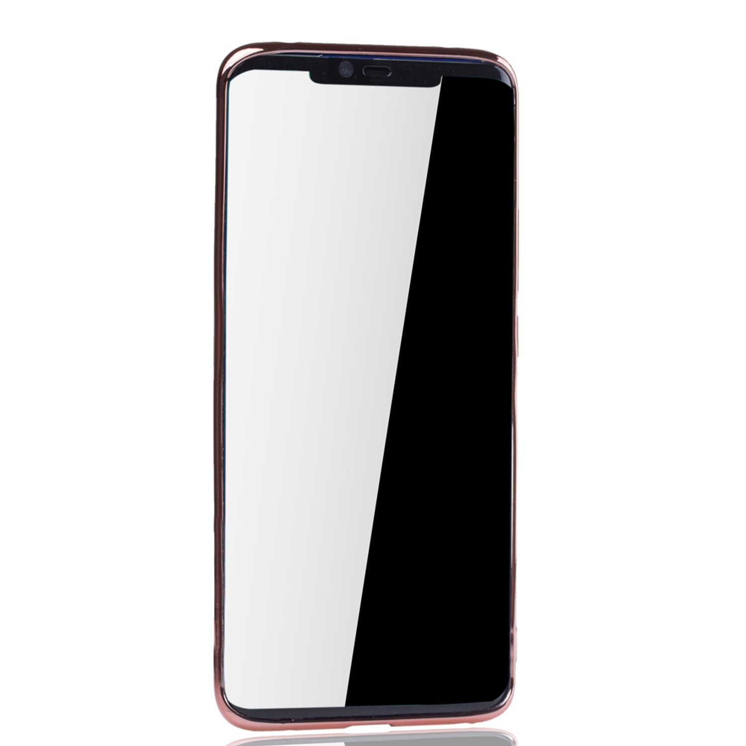 Telefon mit schwarzem Bildschirm, roségoldener Rahmen. Das Telefon steht aufrecht.