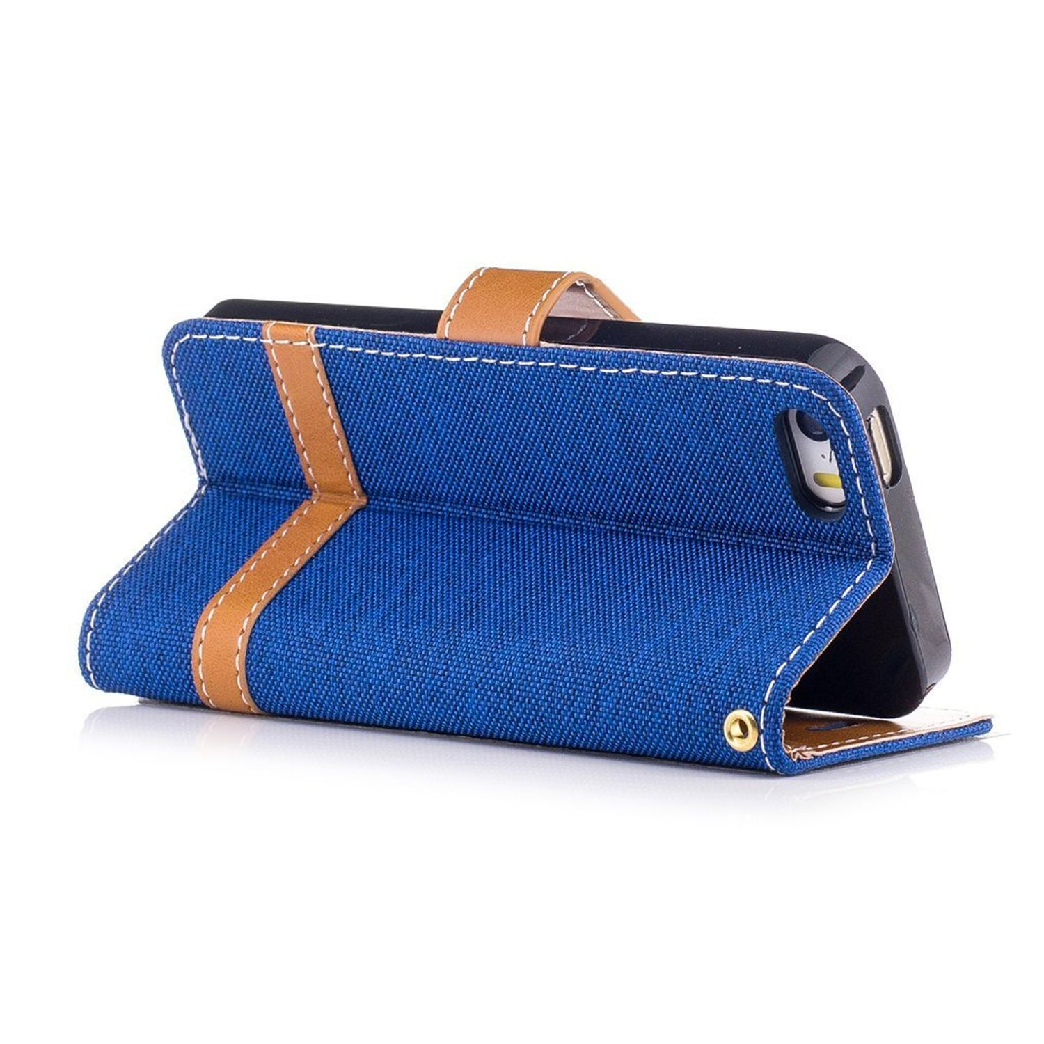 Blaue Handyhülle mit braunen Akzenten, geöffnet, um ein Telefon zu zeigen.