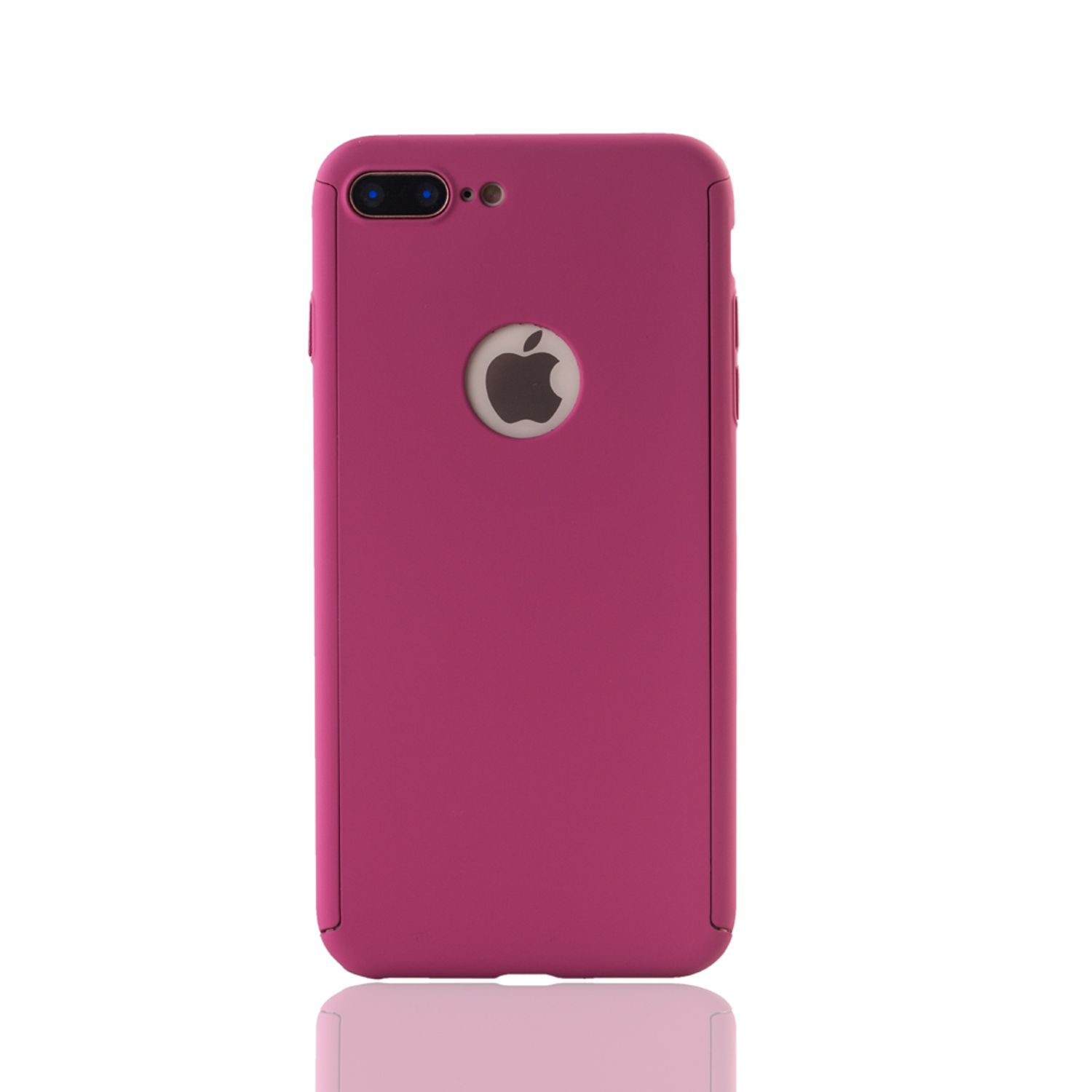 Rosa Telefon mit Apfel-Logo. Weißer Hintergrund.