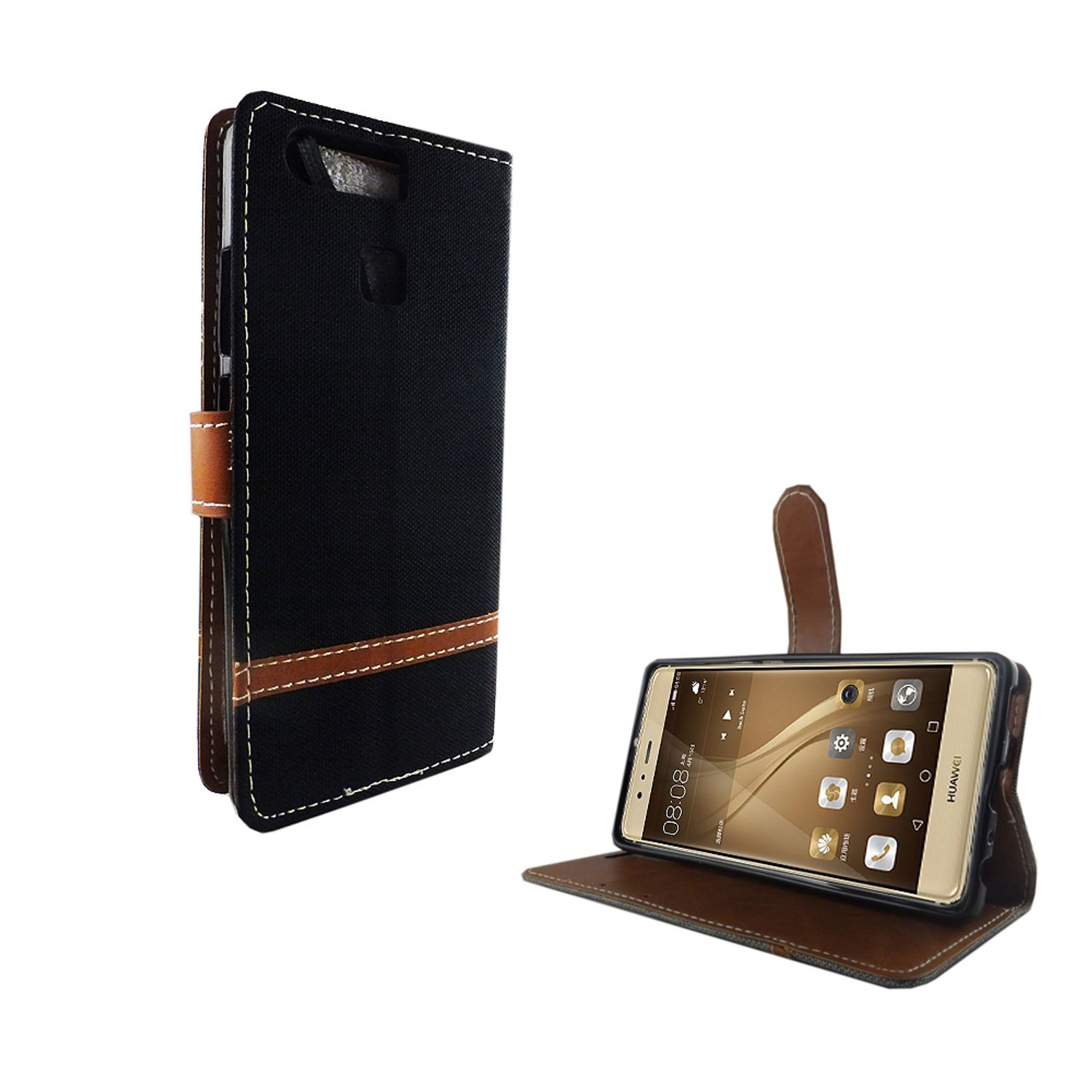 Schwarze und braune Handyhülle mit einem Telefon darin. Die Hülle ist offen und zeigt den Bildschirm des Telefons.