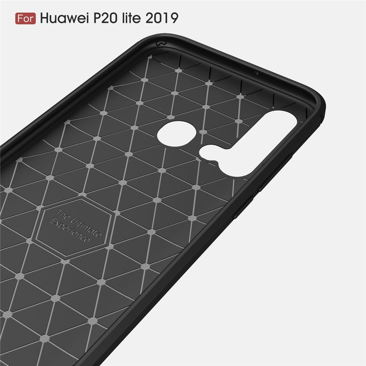 Schwarze Handyhülle mit geometrischem Muster. Text: 'The Ultimate Experience'. Weißer Hintergrund.