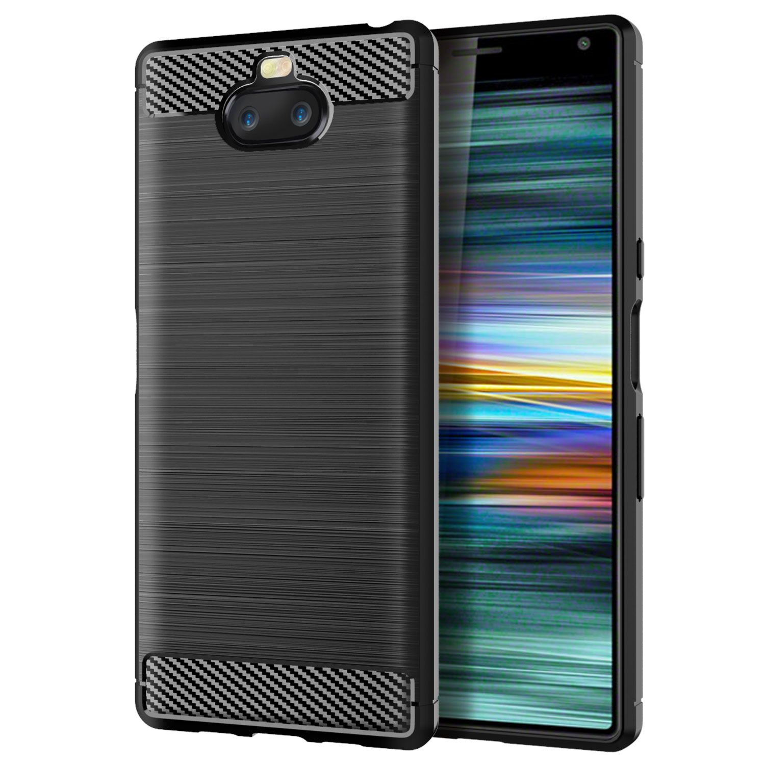 Schwarzes Telefon mit schwarzem Gehäuse. Ober- und Unterseite haben eine Kohlefaserstruktur.