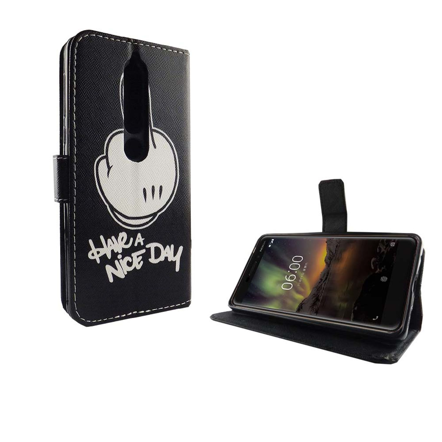 Schwarze Handyhülle mit Mickey Mouse Design. Das Telefon ist offen und zeigt den Bildschirm.