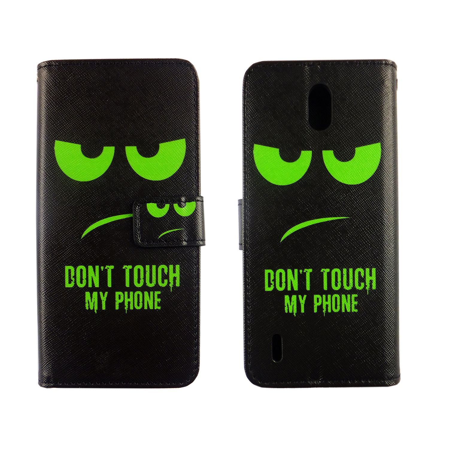 Schwarze Handyhülle mit grünem wütenden Gesicht und dem Text 'DON'T TOUCH MY PHONE'.