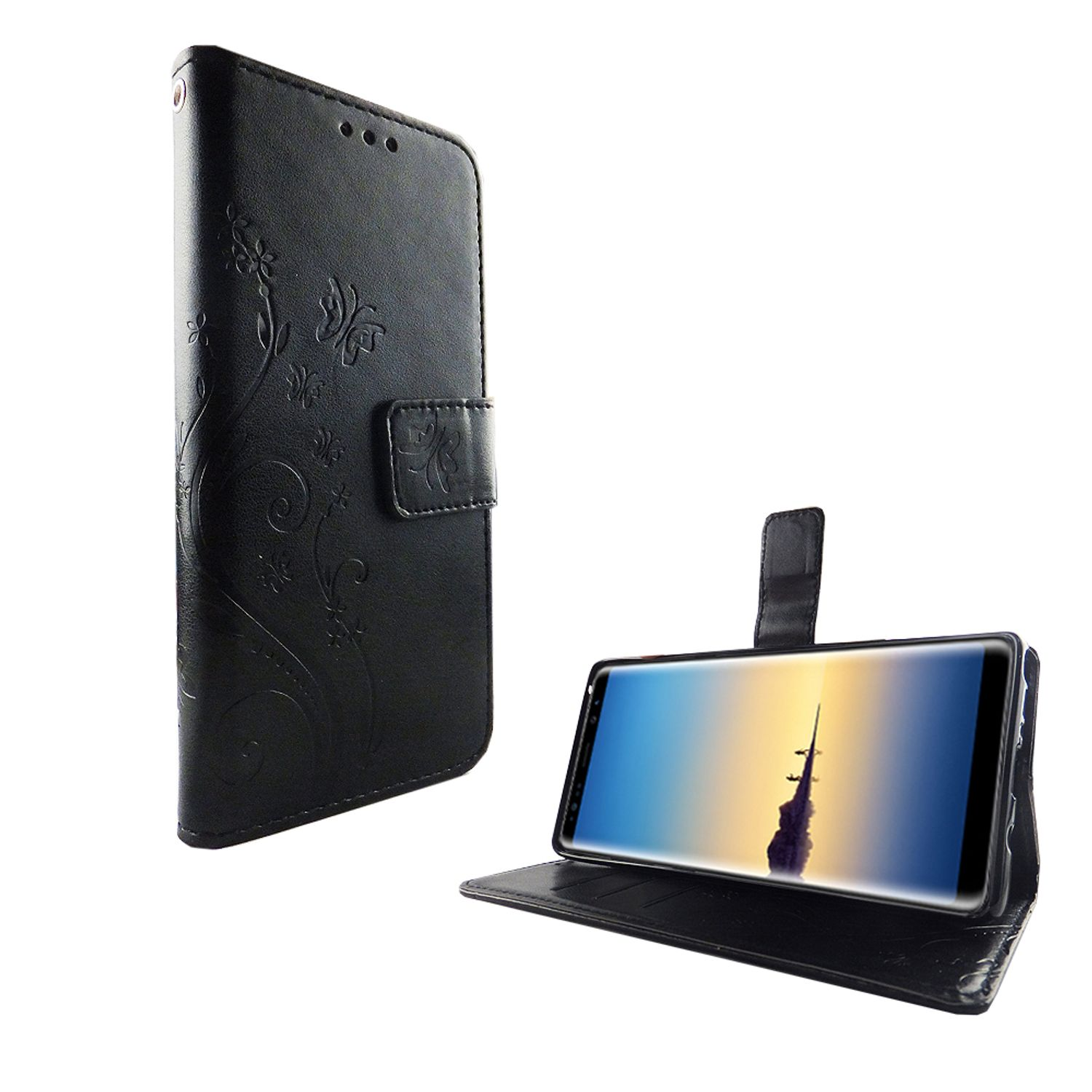 Schwarze Handyhülle mit Blumen, geöffnet mit Telefon innen, die Hülle ist schwarz.