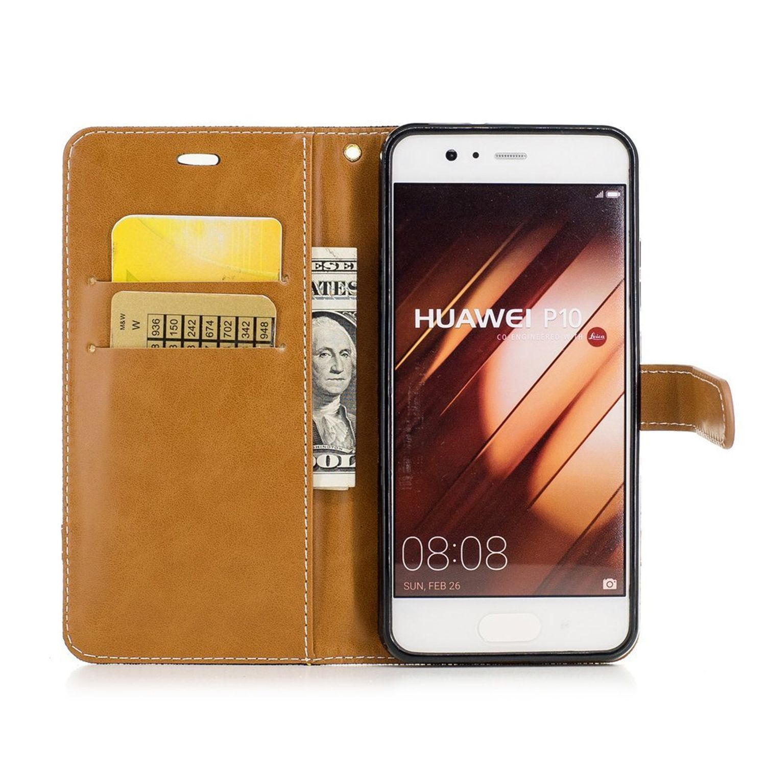Hellbraune Handyhülle mit Telefon. Bargeld und Karten. Telefon ist Huawei P10.