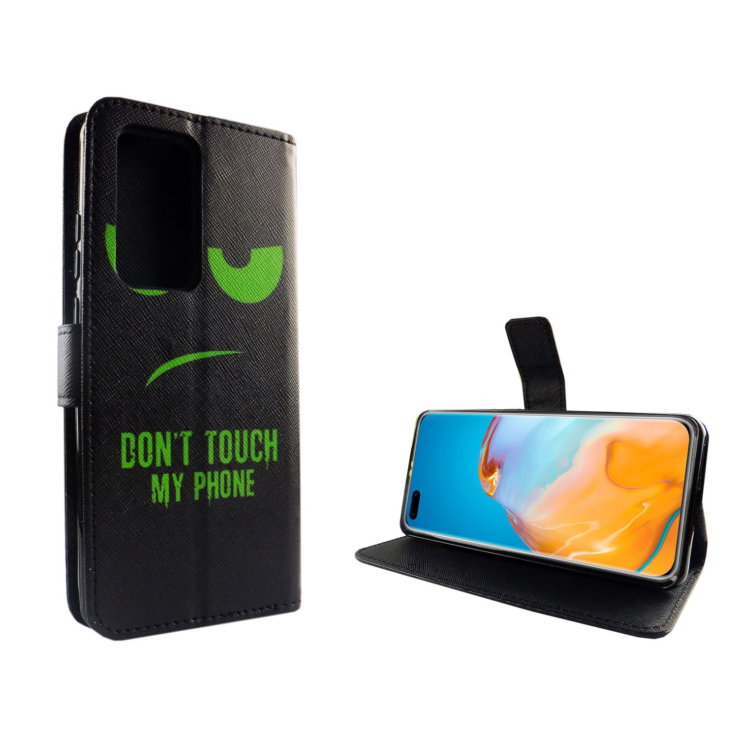 Schwarze Handyhülle mit grünem Gesicht und Text: Berühre mein Telefon nicht. Weißer Hintergrund.