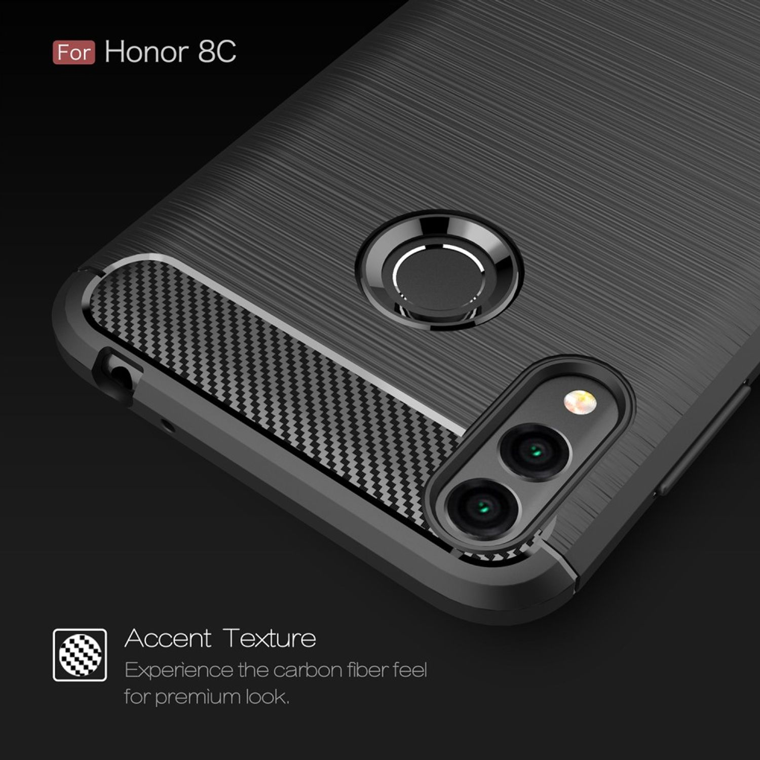 Schwarze Handyhülle. Graue strukturierte Rückseite und ein Akzent aus Kohlefaser. Text 'For Honor 8C'.