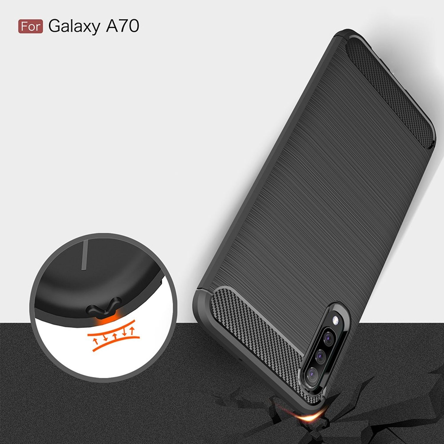 Schwarze Handyhülle mit Kamera und Text 'Für Galaxy A70' auf weißem Hintergrund.
