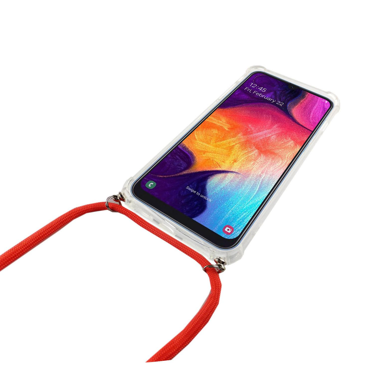 Telefon mit Riemen. Telefon ist in einer durchsichtigen Hülle. Weißer Hintergrund.