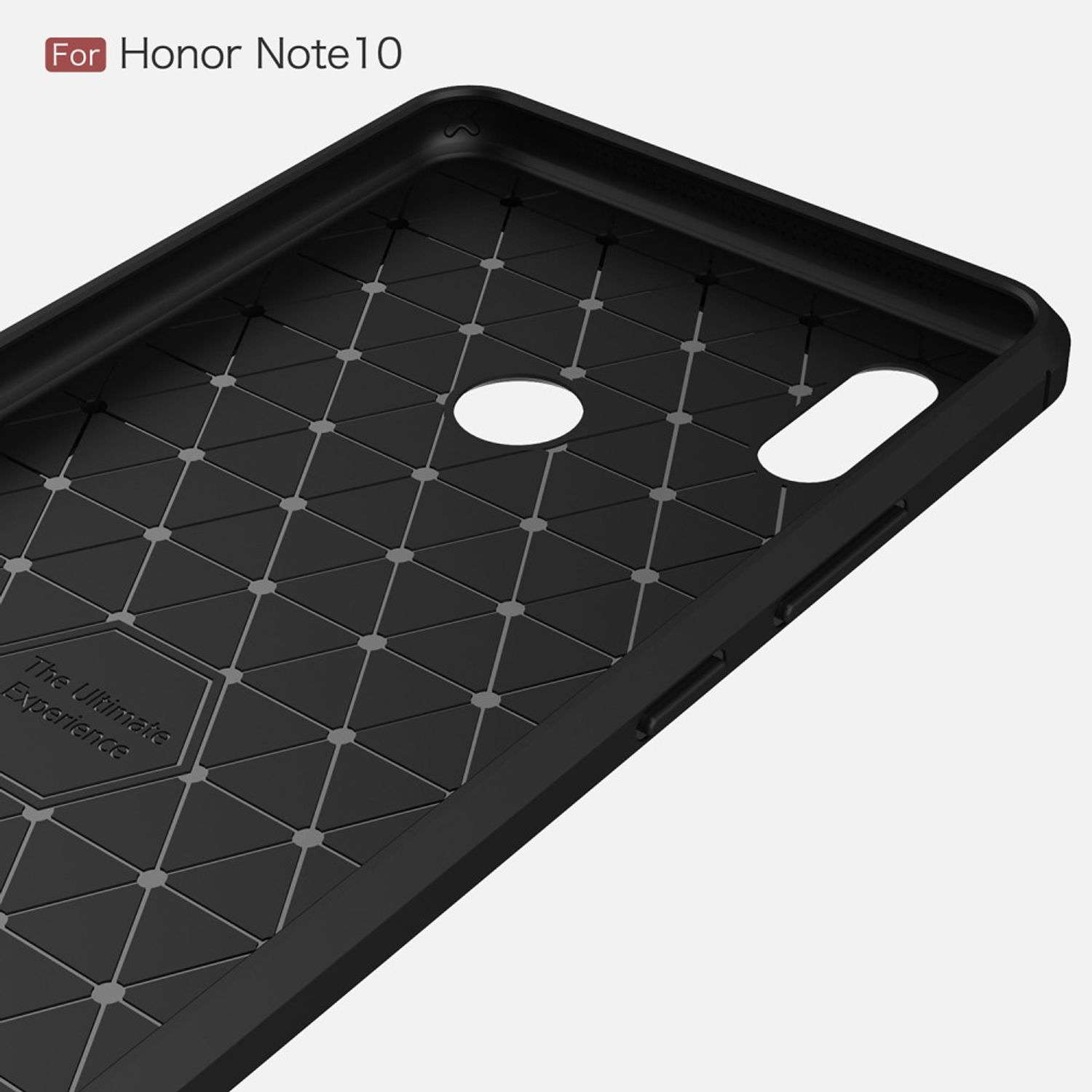 Schwarze Handyhülle mit geometrischen Mustern. Text: For Honor Note10. The Ultimate Experience. Weißer Hintergrund.