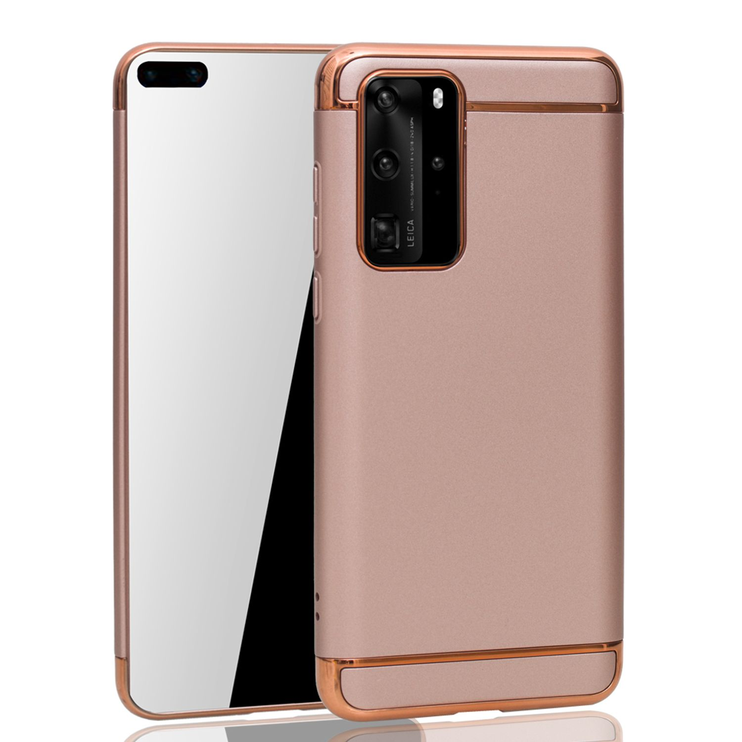 Roségoldene Handyhülle mit Dreifachkamera und ein Telefon mit schwarzem Bildschirm im Hintergrund.