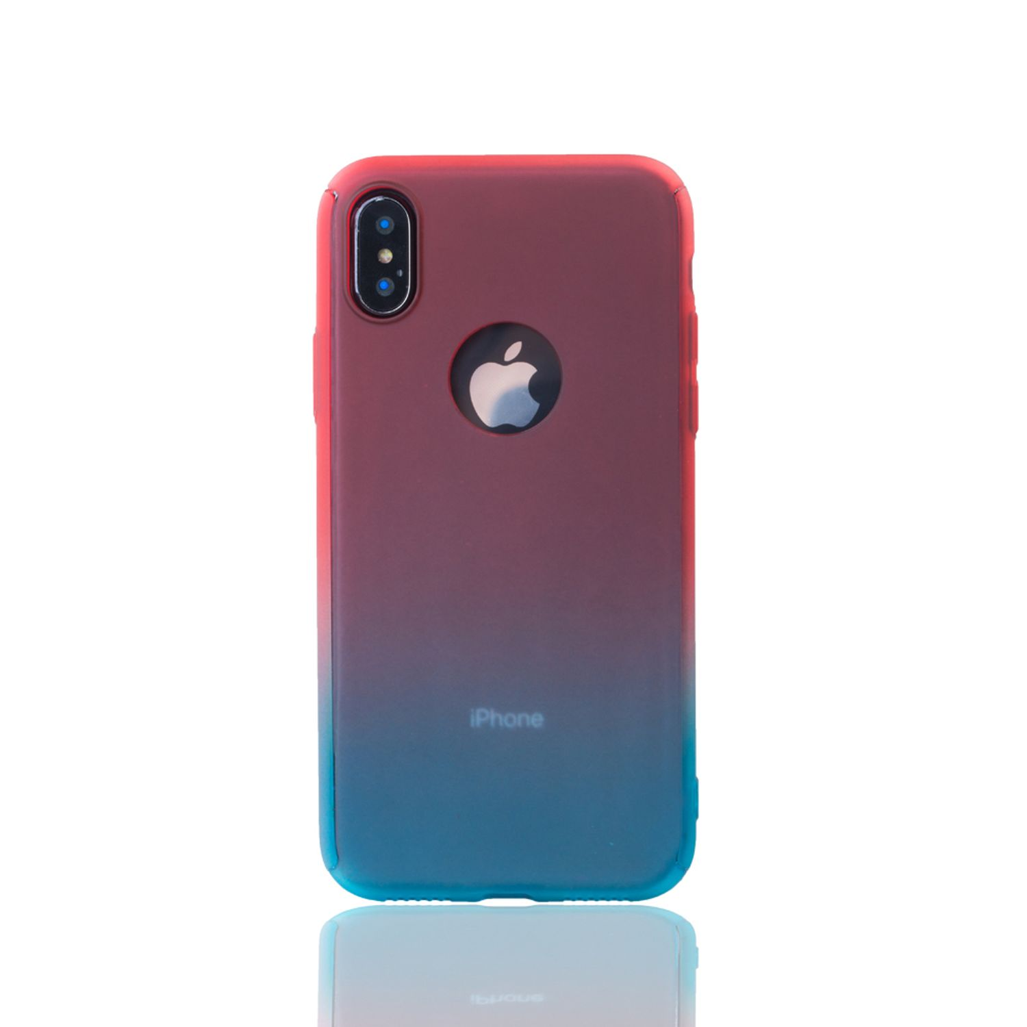 iPhone in einer Hülle mit Farbverlauf, blau zu rot, weißer Hintergrund, Reflexion.