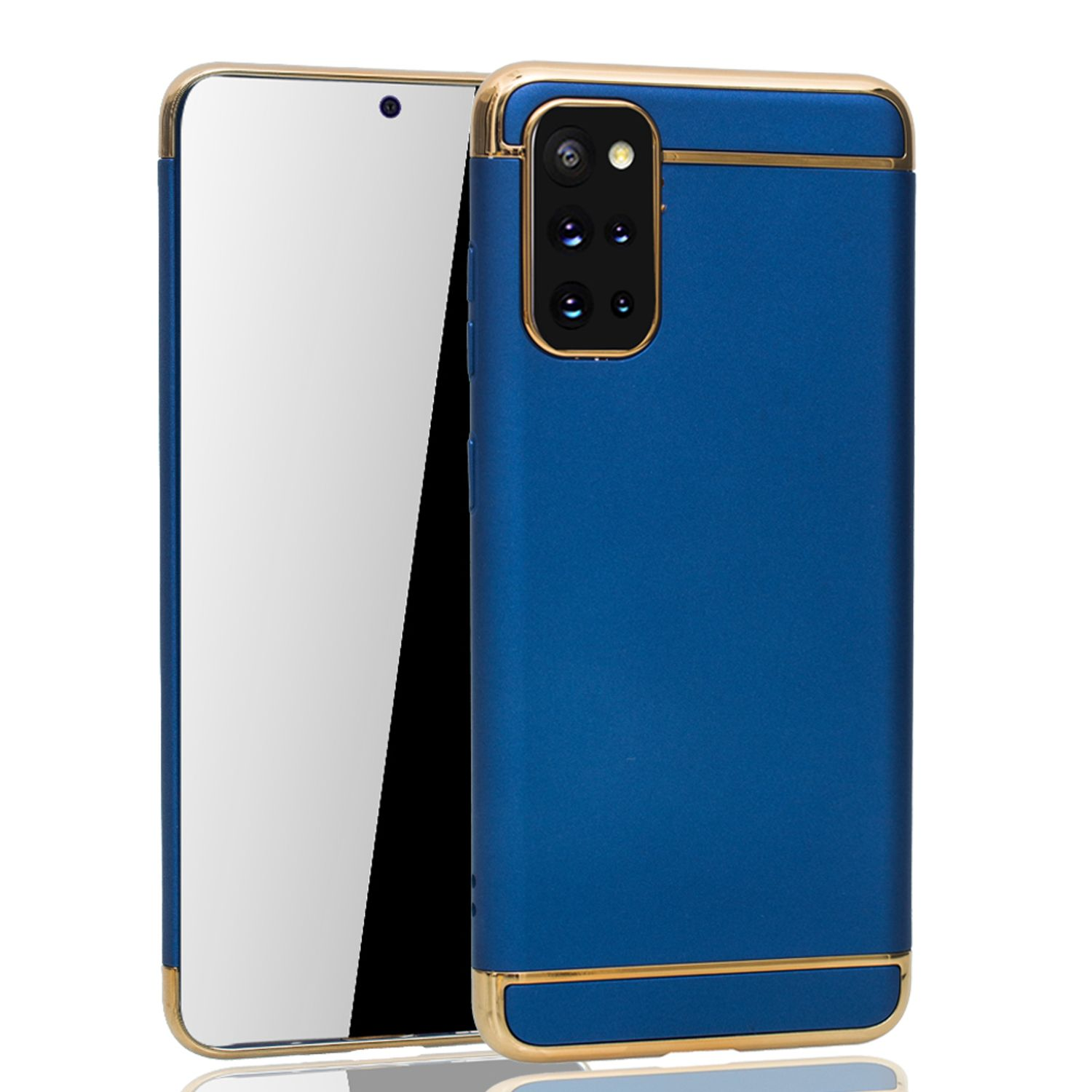Blaue Handyhülle mit goldfarbenen Zierleisten. Der Telefonbildschirm ist links sichtbar.