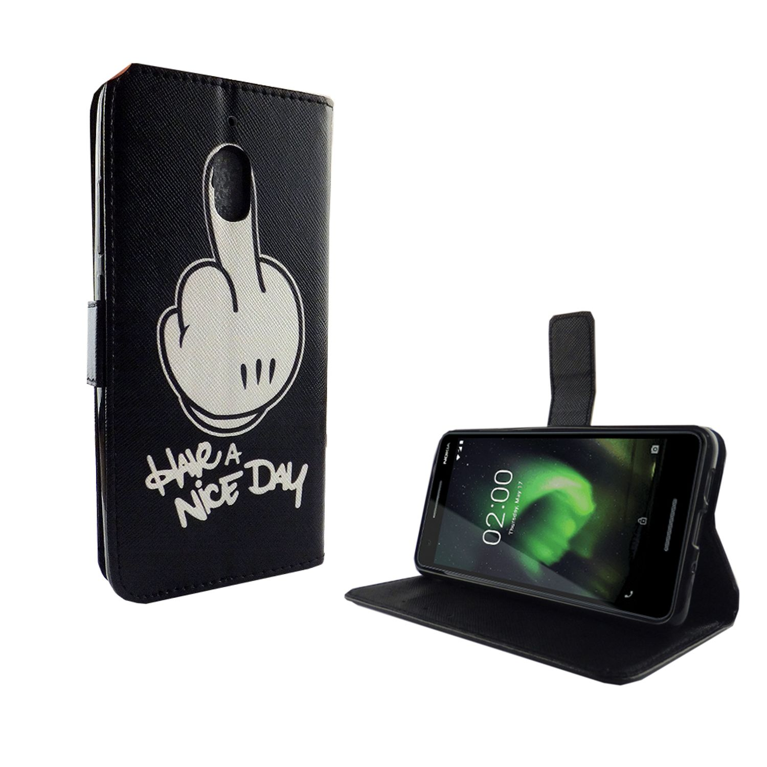 Geöffnete schwarze Handyhülle mit Telefon. Mittelfinger-Design und Text: Have a nice day.