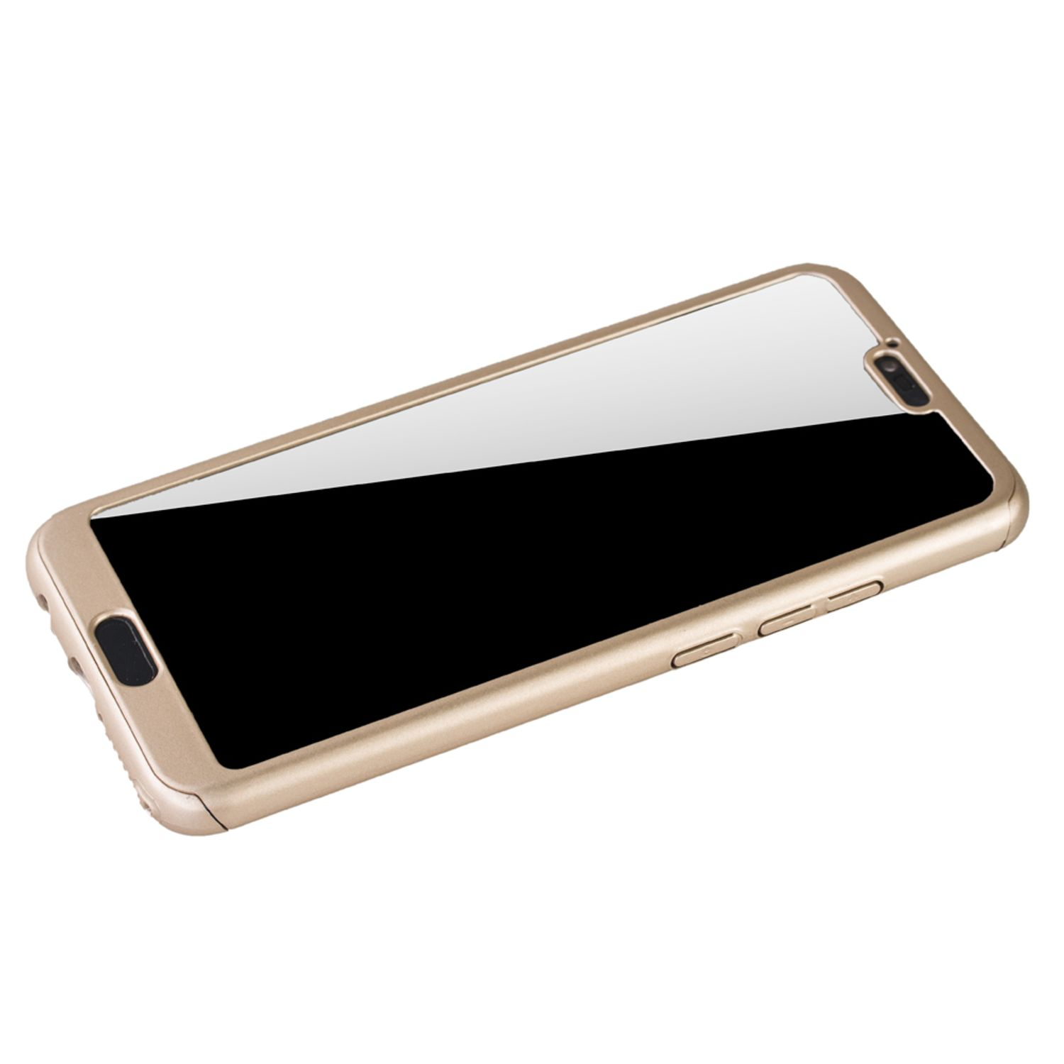 Eine goldene Handyhülle. Der Bildschirm ist schwarz. Das Telefon ist leicht angewinkelt. Weißer Hintergrund.