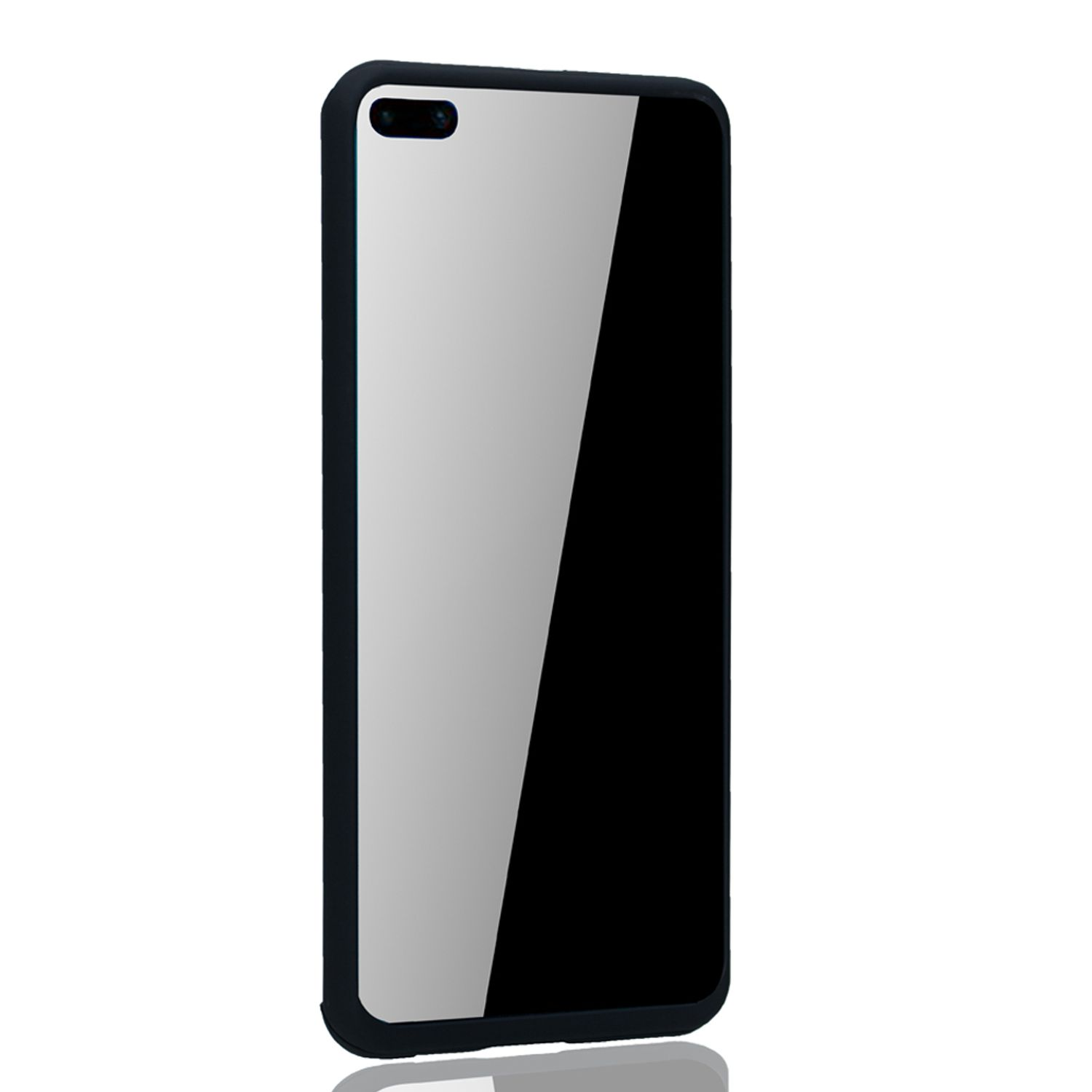 Schwarzes Telefon. Glänzende Rückseite, Spiegelfinish. Duale Kameralinse. Schwarzer Rahmen.