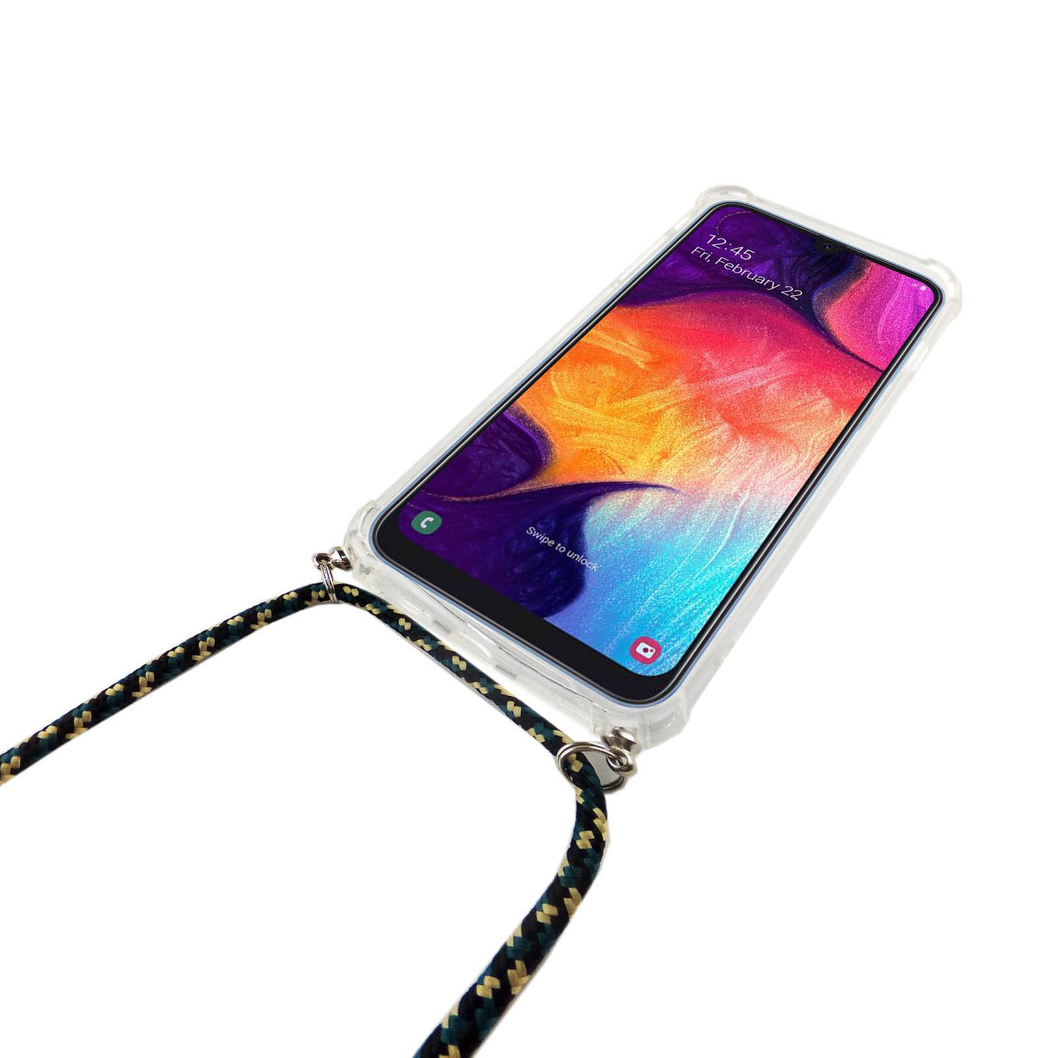 Telefon mit transparenter Hülle und Riemen. Der Bildschirm zeigt Uhrzeit und Datum.