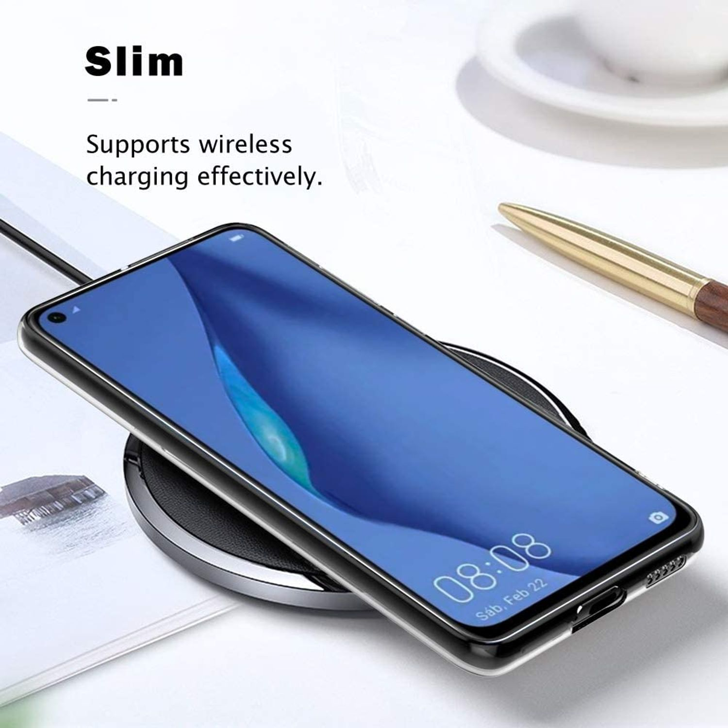 Ein Telefon auf einem kabellosen Ladegerät. Eine schwarze Hülle mit blauem Bildschirm.