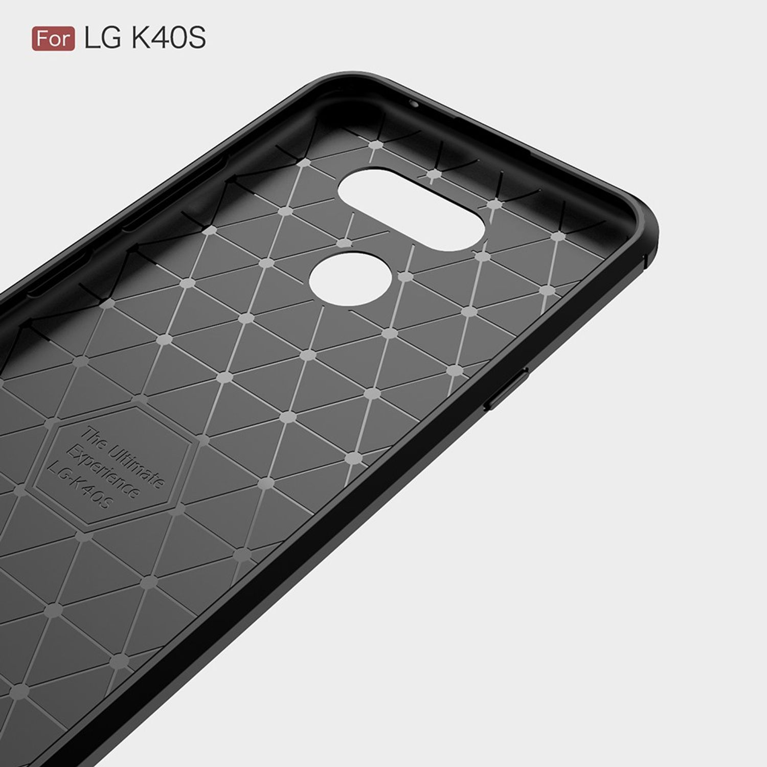 Schwarze Handyhülle für LG K40S. Innenansicht. Geometrisches Muster mit Aussparungen.